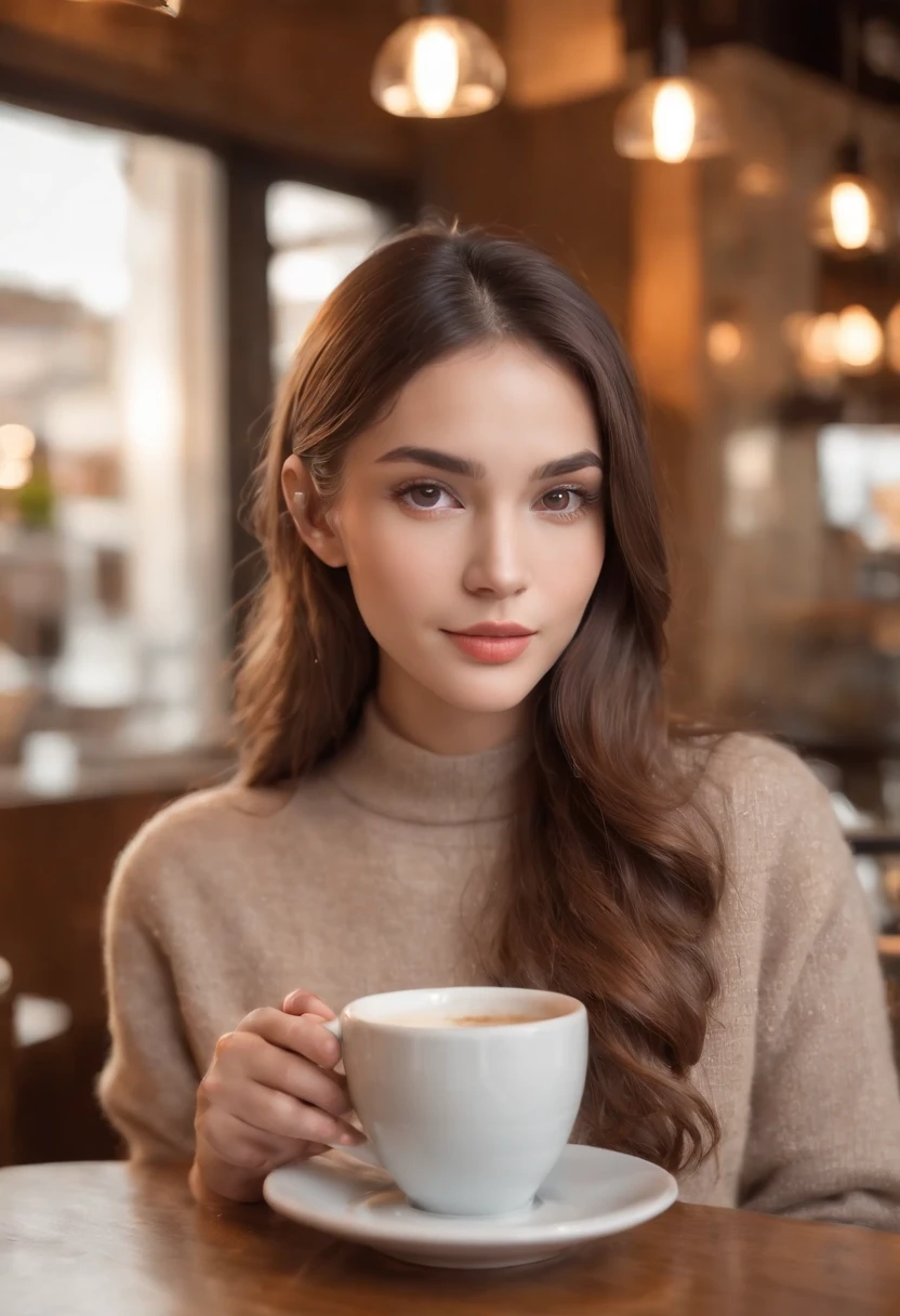 photorealistic picture,girl: (best quality,4k,8k,highres,masterpiece:1.2),extremely detailed face and body,beautiful detailed eyes and lips,age 25,holding a cup of coffee,sophisticated cafe,indoor,morning sunlight streaming through the window,table near the window,girl staring at the window,thoughtful expression,stylish outfit,fashionable hairstyle,attractive appearance,ambience of a cozy coffee shop,vivid colors,realistic lighting,soft bokeh,detailed interior decoration,comfortable seating,artistic atmosphere,bakery treats in the display case,enticing aroma of fresh coffee and pastries,bustling baristas preparing drinks,coffee beans,barista pouring latte art,coffee cups and saucers,decorative hanging lights,background chatter and soft music,reflections in the polished surfaces,subtle steam rising from the coffee cup