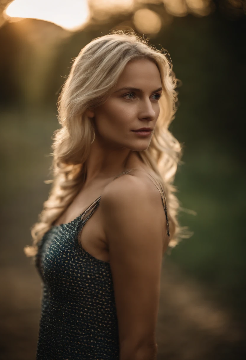 Blonde girl with blue eyes, diamond face shape, with medium boobs, fully nude