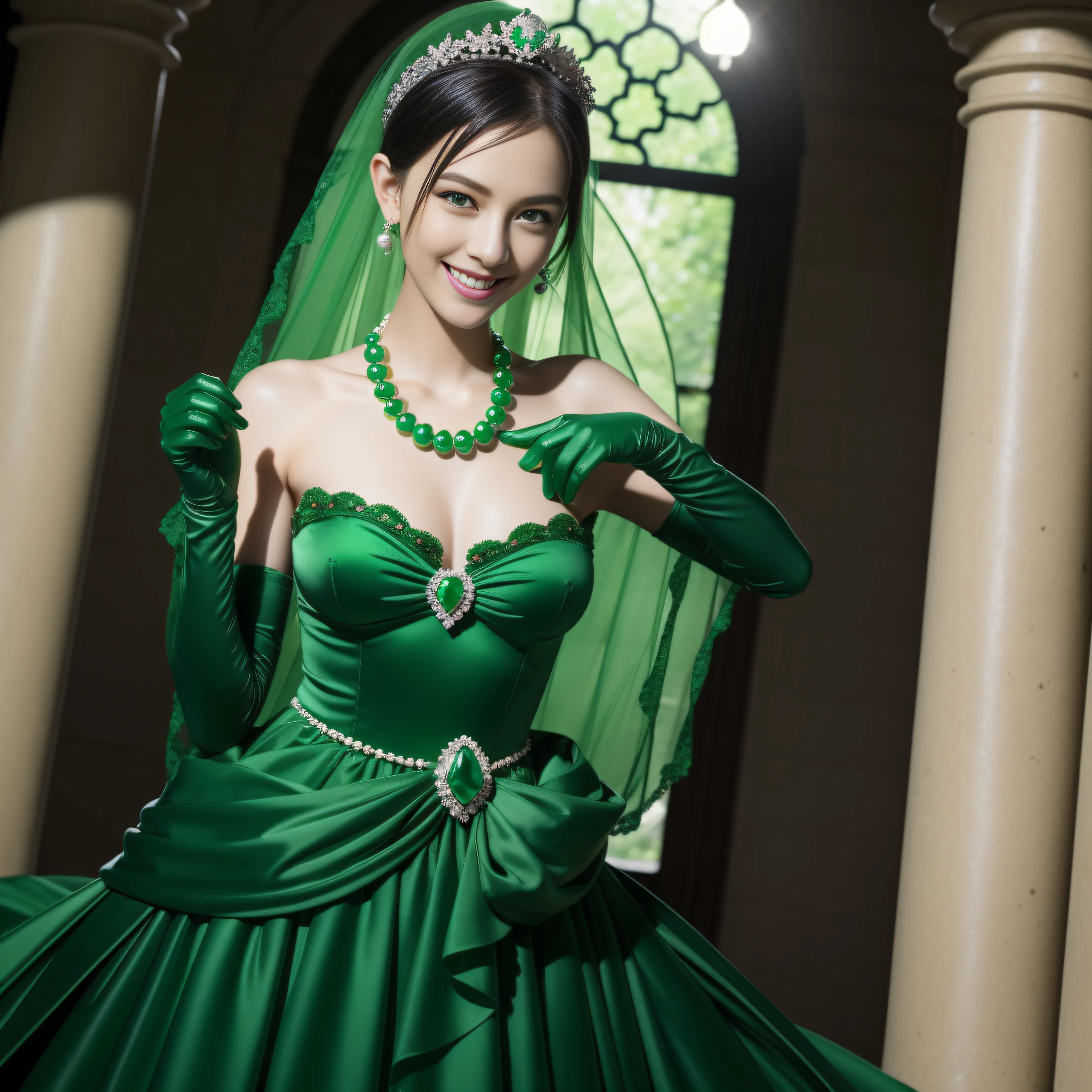 emerald tiara, Green Pearl Necklace, Boyish very short green hair, lipsticks, Japan woman smiling, very short short hair, big breasts beautiful, Green eyes, Long green gloves made of satin material, Green eyes, Emerald Earrings