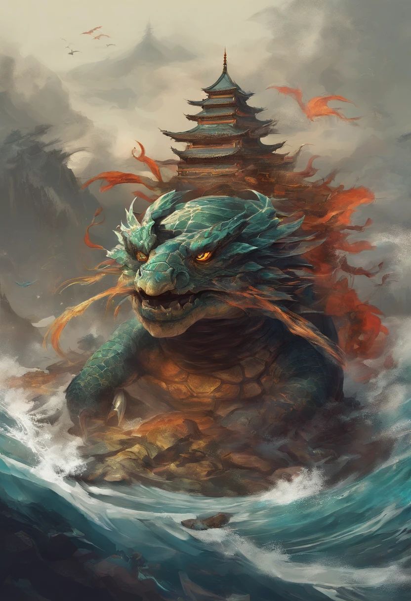Dragon turtle,Huge, Heavy tortoiseshell shell,Chinese leader,swell sea,China-style,OC rendering,super-fine,high qulity,A high resolution,