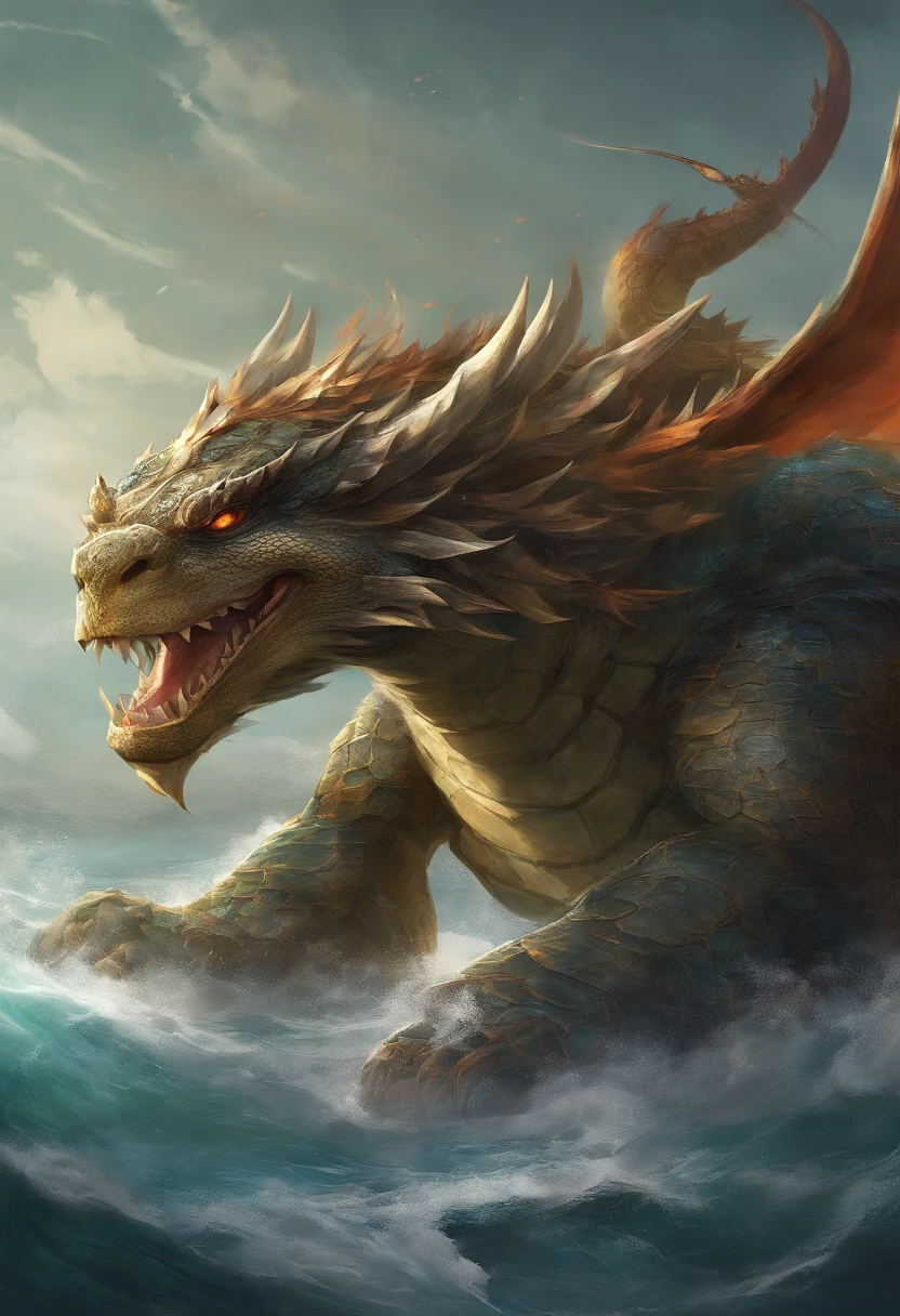 Dragon turtle,Huge, Heavy tortoiseshell shell,Chinese leader,swell sea,China-style,OC rendering,super-fine,high qulity,A high resolution,
