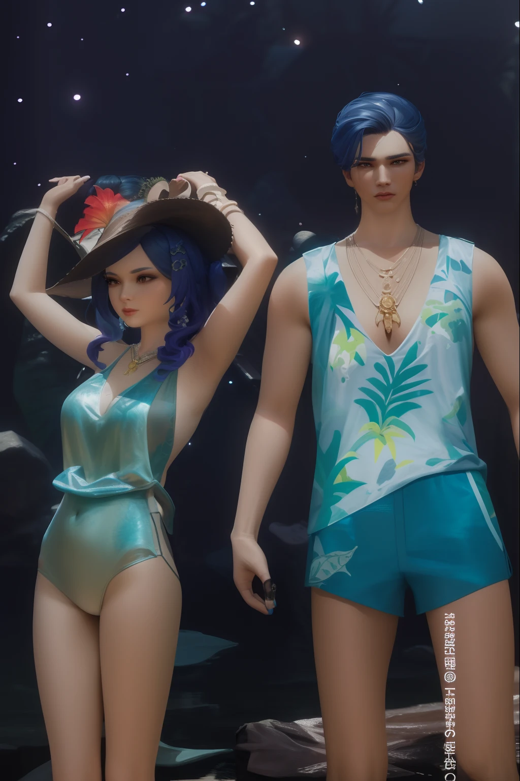 there are two people in swim suits standing next to each other, lunar themed attire, inspired by Sim Sa-jeong, tropical style, closed swimsuit, is wearing a swimsuit, realistic clothing, tane skin, in clothes! highly detailed, full body!! maximalist details, diverse outfits, sea of thieves style, open v chest clothes, clothes high detail