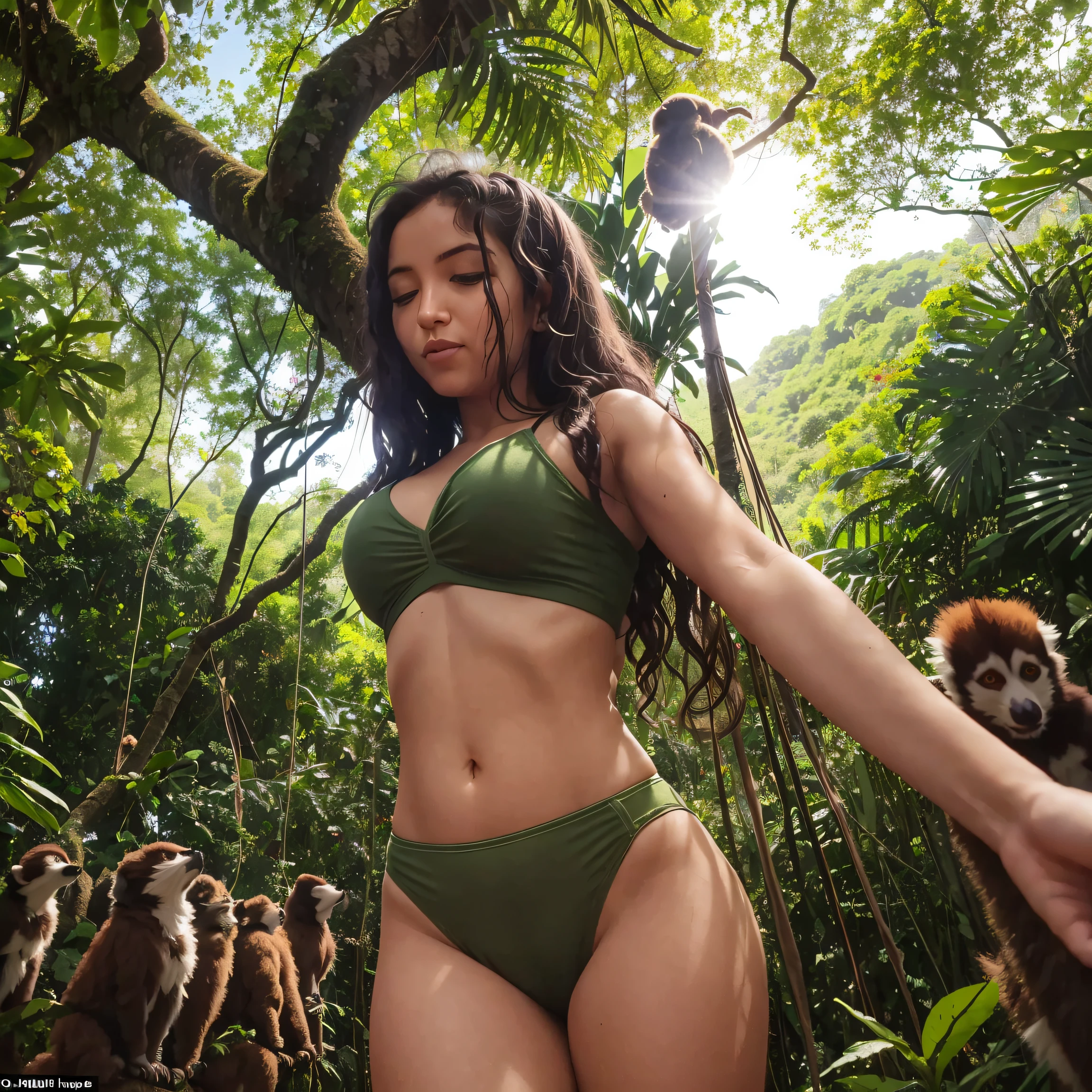 Envision a dense jungle canopy with colors of forest green, deep purple, and sunlit gold. Mila watches in awe as a group of lemurs, each with a unique glow effect, leap from tree to tree, creating a rhythmic dance in the air.