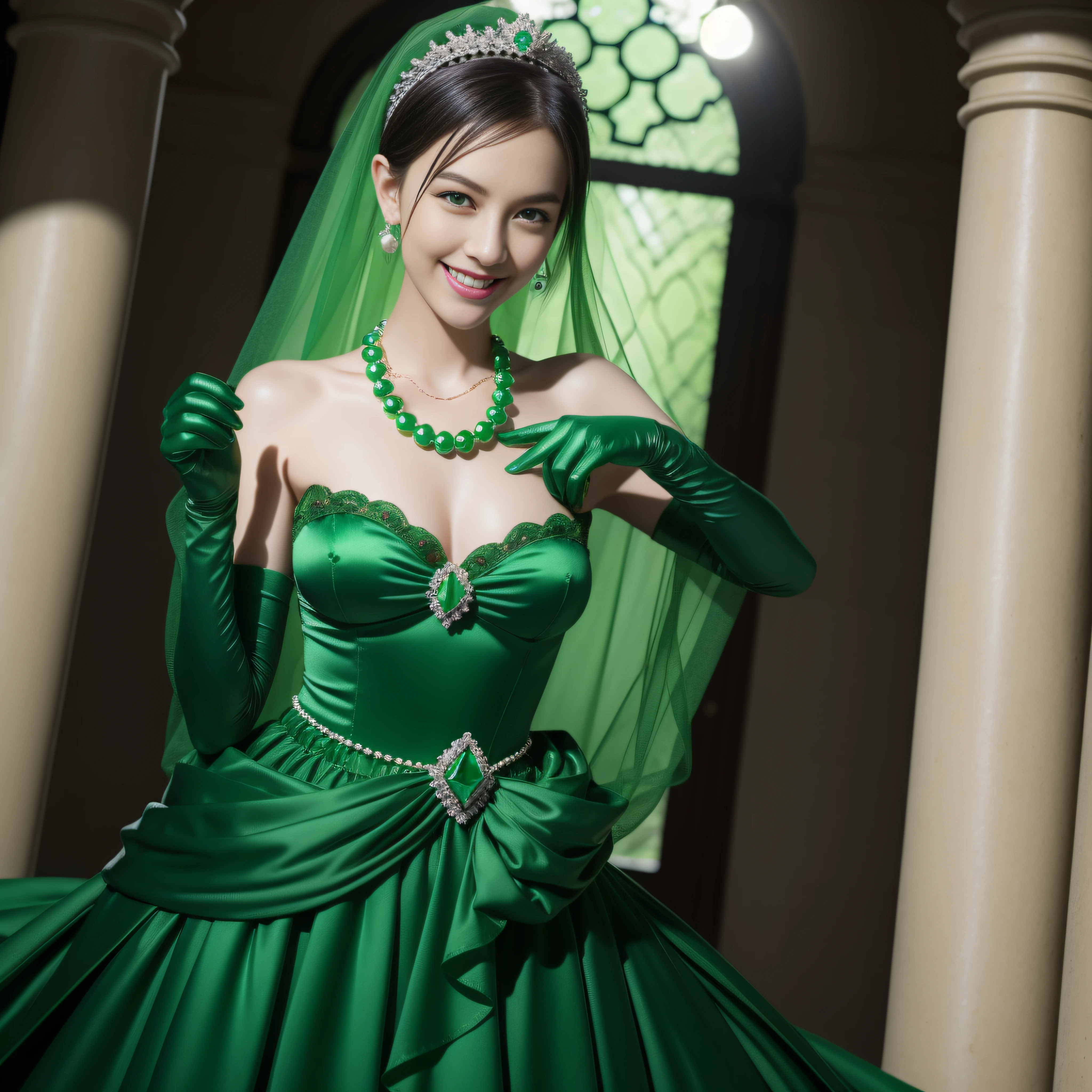 emerald tiara, Green Pearl Necklace, Boyish very short green hair, lipsticks, Japan woman smiling, very short short hair, big breasts beautiful, Green eyes, Long green gloves made of satin material, Green eyes, Emerald Earrings