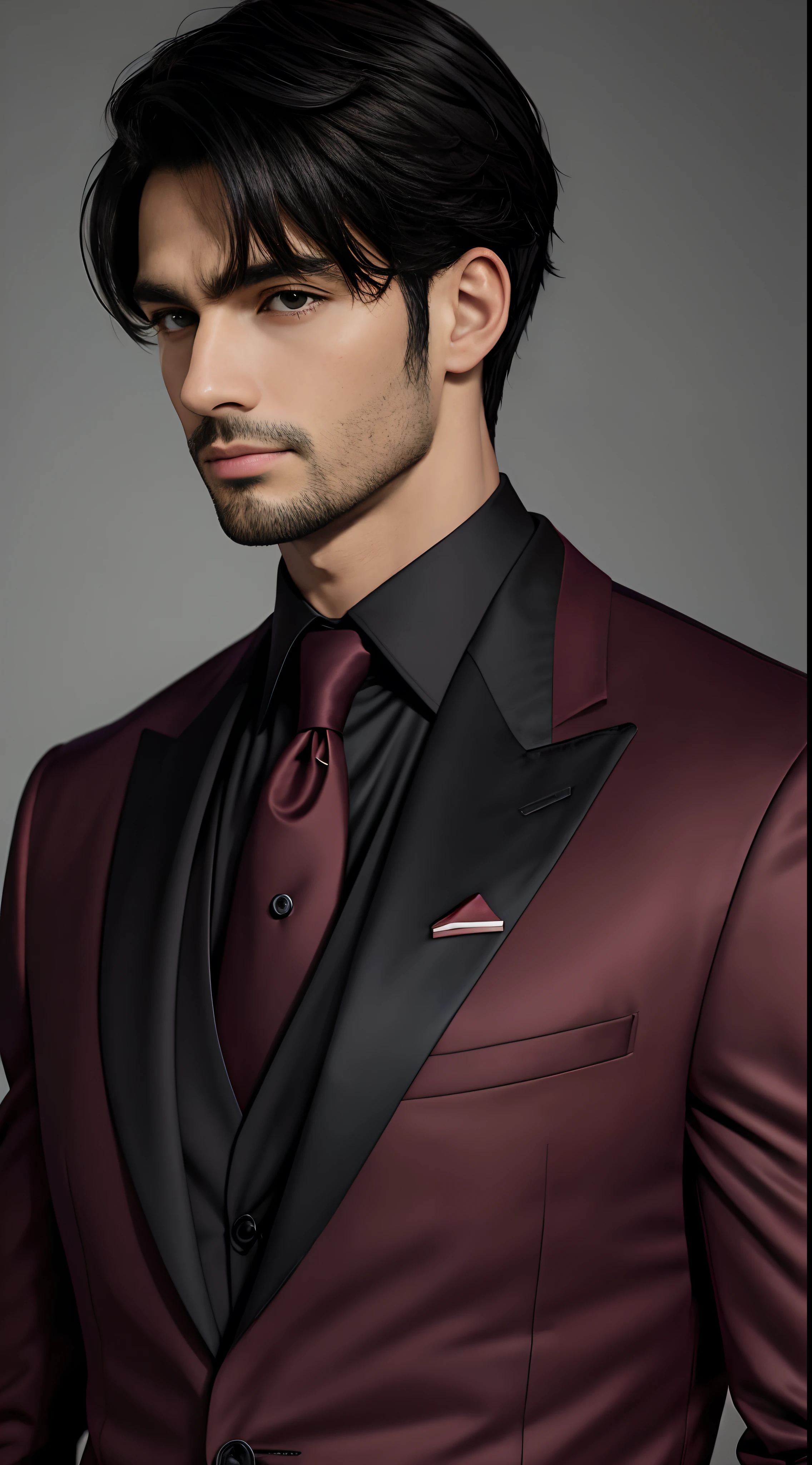 A black-haired man wearing a burgundy suit