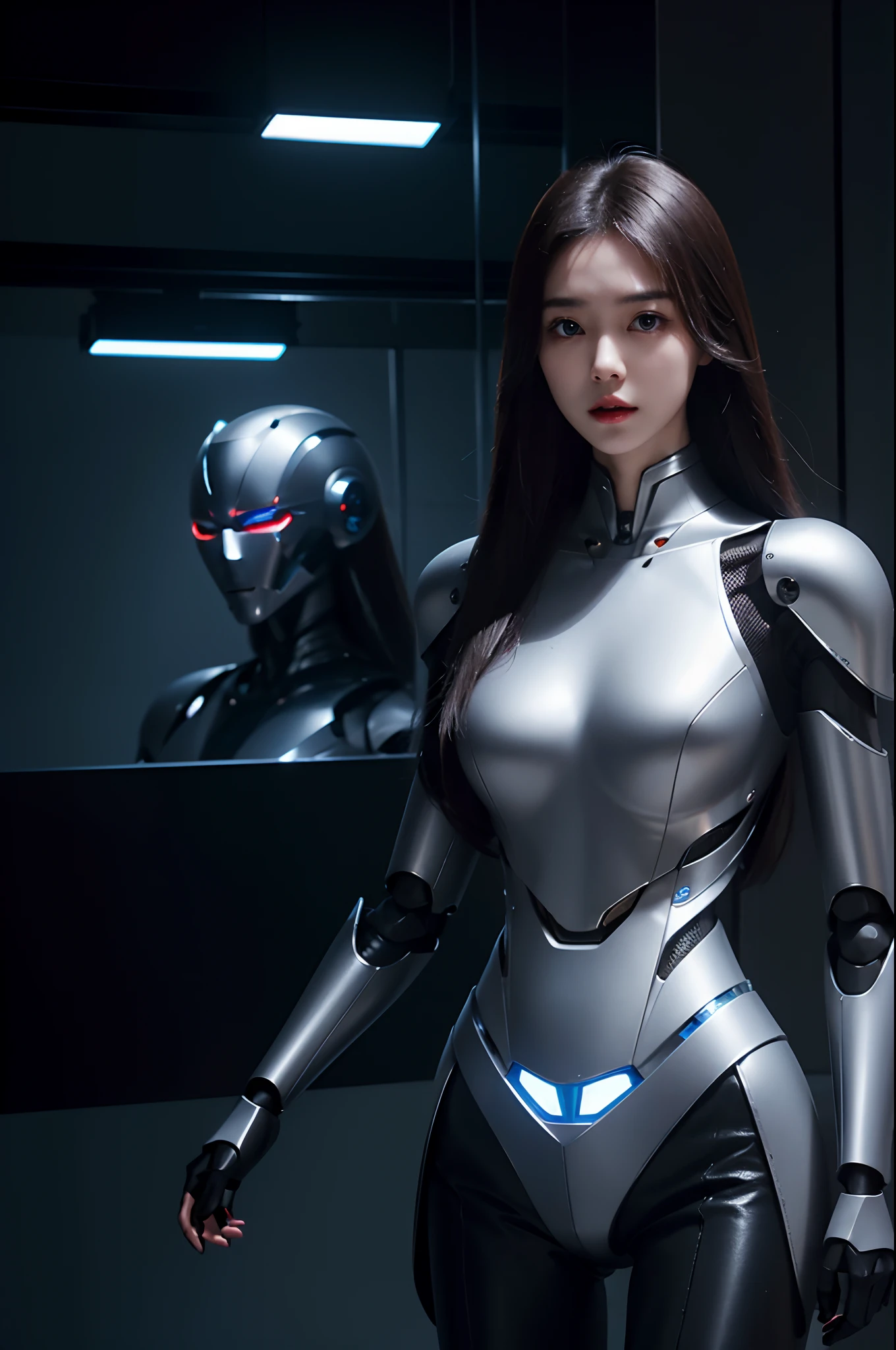 (AI Robot、Sophisticated robots)、Covering the exoskeleton with skin、The figure of the girl、length hair、terminator