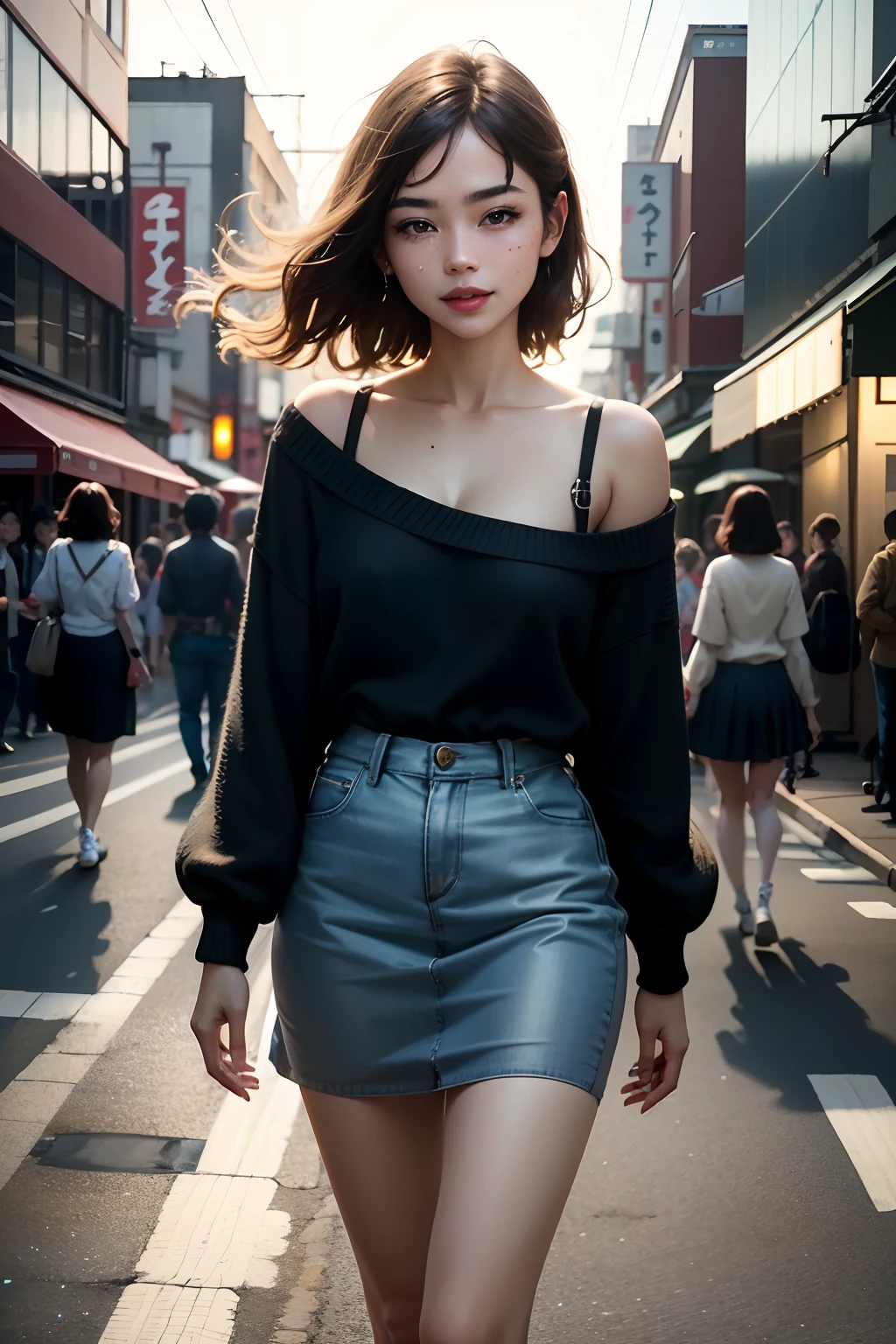 (skin blemish:1.2), (skindentation), black eye, 1woman, 25yo, (((woman))), solo, realistic,  best quality, photorealistic, masterpiece, 8k, high res, solo, extremely detailed face,  (professional lighting, bokeh), (light particles, lens flare, glowing particles:0.6), (dynamic pose:1.2), soft lighting, top angle view, fashionable and trendy atmosphere, japan, street, tokyo, city, ((daytime)), sky, wire cable,  ((looking at the viewer:1)), (looking at the camera),(portrait:0.6), cowboy shot, gorgeous, standing, keep original facial proportion, wide shoulder, full body,  (small breast),  (medium hair), brown hair, floating hair, lips, lipstick, seductive smile, floating hair, smile, open_mouth, teeth, (white blouse), (jumper skirt), eyelashes, mole, (mole under eye:1),