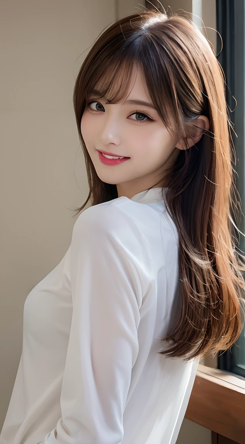 masutepiece, Best Quality, Ultra-detailed, finely detail, hight resolution, 8K Wallpaper, Perfect dynamic composition, Beautiful detailed eyes, Medium Hair, Natural Color Lip, Random and sexy poses,Smile,inside in room、Beautuful Women、White tight shirt、a miniskirt、huge tit