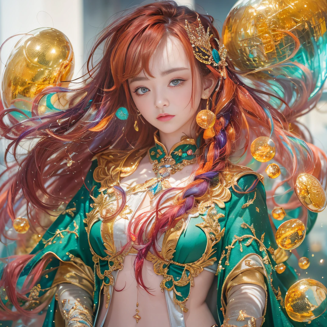 cyan colors,blue colors,enamel,agates,A flesh-colored world,Blood Girl 32K(tmasterpiece,k hd,Aoyama Pond,hyper HD,32K)Long flowing bright orange hair,blood pond,zydink, a color,Grumpy (Post-halo), (Linen scarf), Combat posture, looking at the ground, long whitr hair, Floating bright orange, Fire cloud pattern gold tiara, Chinese long-sleeved gold silk burgundy garment, (Abstract metaverse splash:1.2), white backgrounid,Lotus vitality protector(realisticlying:1.4),Bright purple hair,Smoke on the road,The background is pure, A high resolution, the detail, RAW photogr, Sharp Re, Nikon D850 Film Stock Photo by Jefferies Lee 4 Kodak Portra 400 Camera F1.6 shots, Rich colors, ultra-realistic vivid textures, Dramatic lighting, Unreal Engine Art Station Trend, cinestir 800,A girl with long flowing bright orange hair,Huge multicolored bubbles