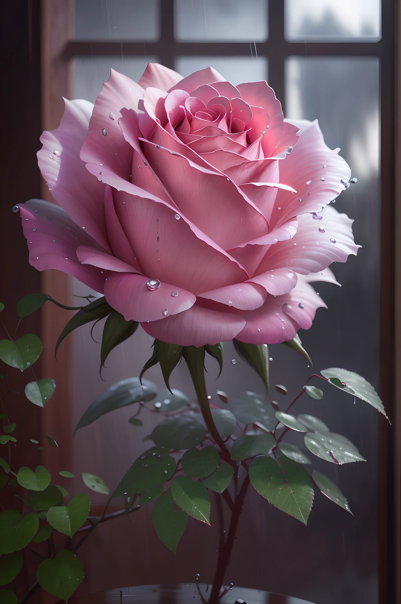 There is a pink rose,There are water droplets on it, melanchonic rose soft light, roses in cinematic light, Realistic pictures, photorealistic detailed picture, alexey egorov, photo realistic style, After the rain, low details. Digital painting, Ultra detail. Digital painting, photo realistic image, after rainny, Realistic digital painting, Beautiful photorealistic images
