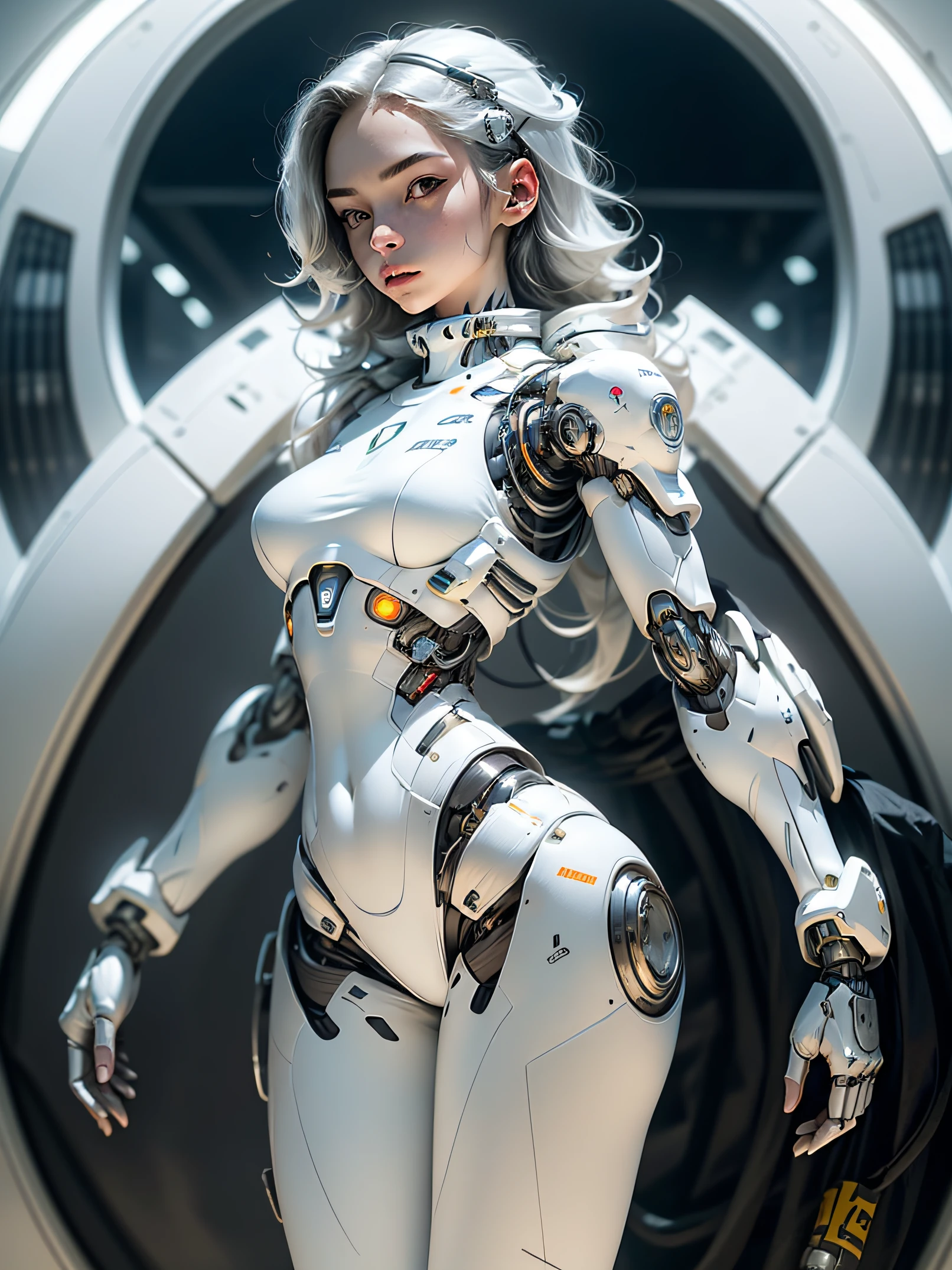 1girl, solo, full body plane, ((a futuristic-looking cyborg girl, pure white bodysuit)), humanoid robot, Mechanical arms, Mechanical neck, armor, white lab, UHD, anatomically correct, best quality, masterpiece