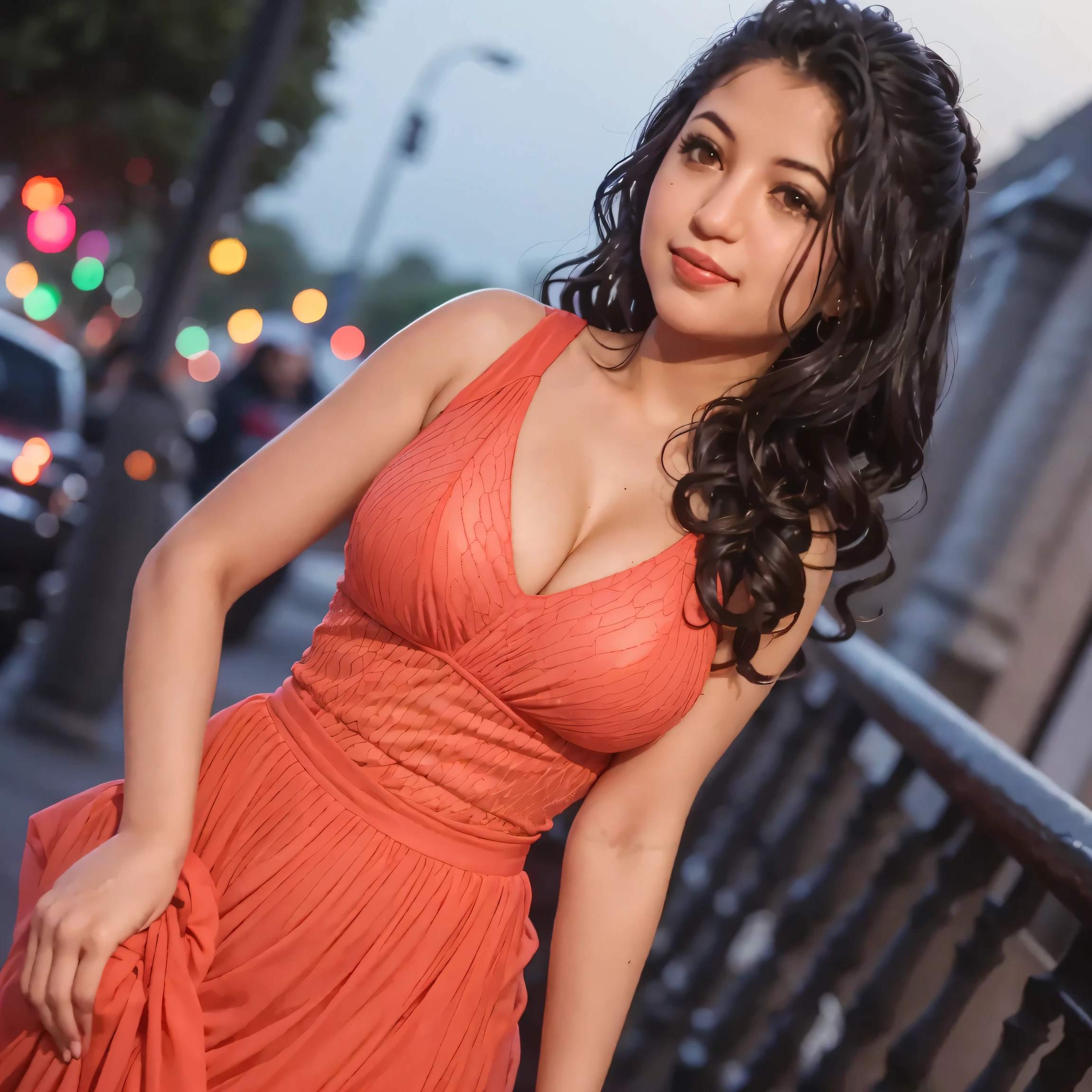 As the night deepened, Mila's outfit sparkled in a beautiful shade of Coral. The Radiant Glow from the city lights made her look like a star in the night sky.