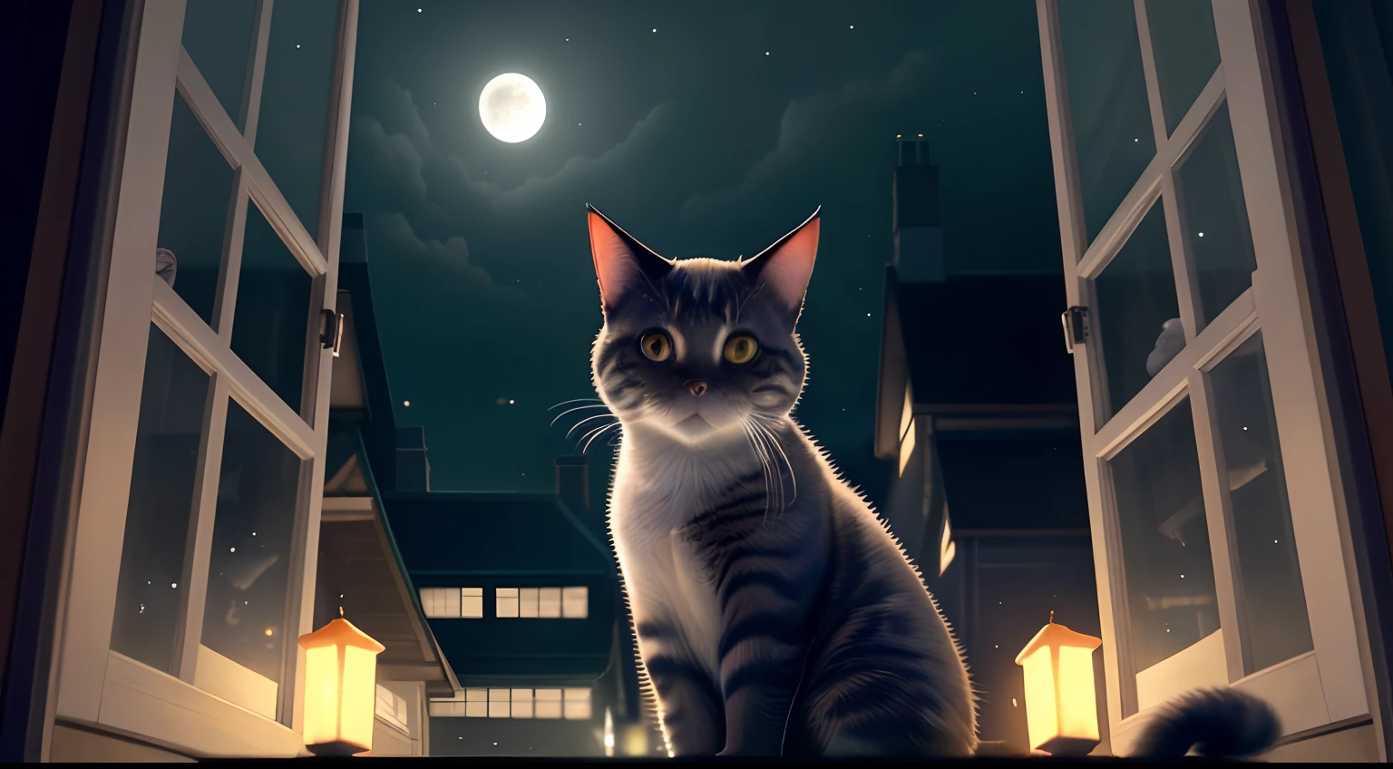 Duan　There is a cat behind the window　From the outside　natta　murky　mid night　Moon Night　Cat illuminated by lights　Street