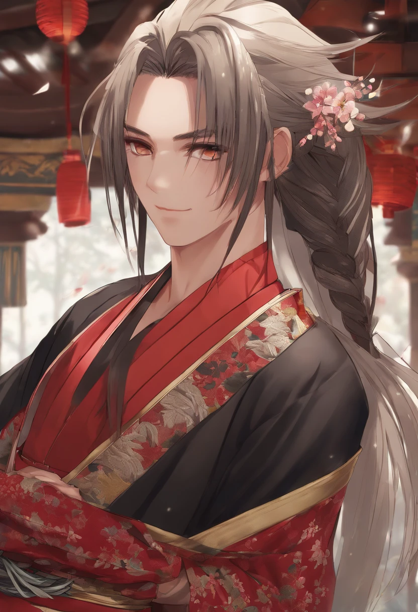 A high resolution, Sharp focus, Pixiv masterpiece, ((Intricate details)), Highly detailed, Yasuri_Shichika, 1boys, Male, Striped bead necklace, Black hair, (spiked hair:1.1), pony tails, Very long hair, Red clothes, Red open clothes, Simple kimono, hakama