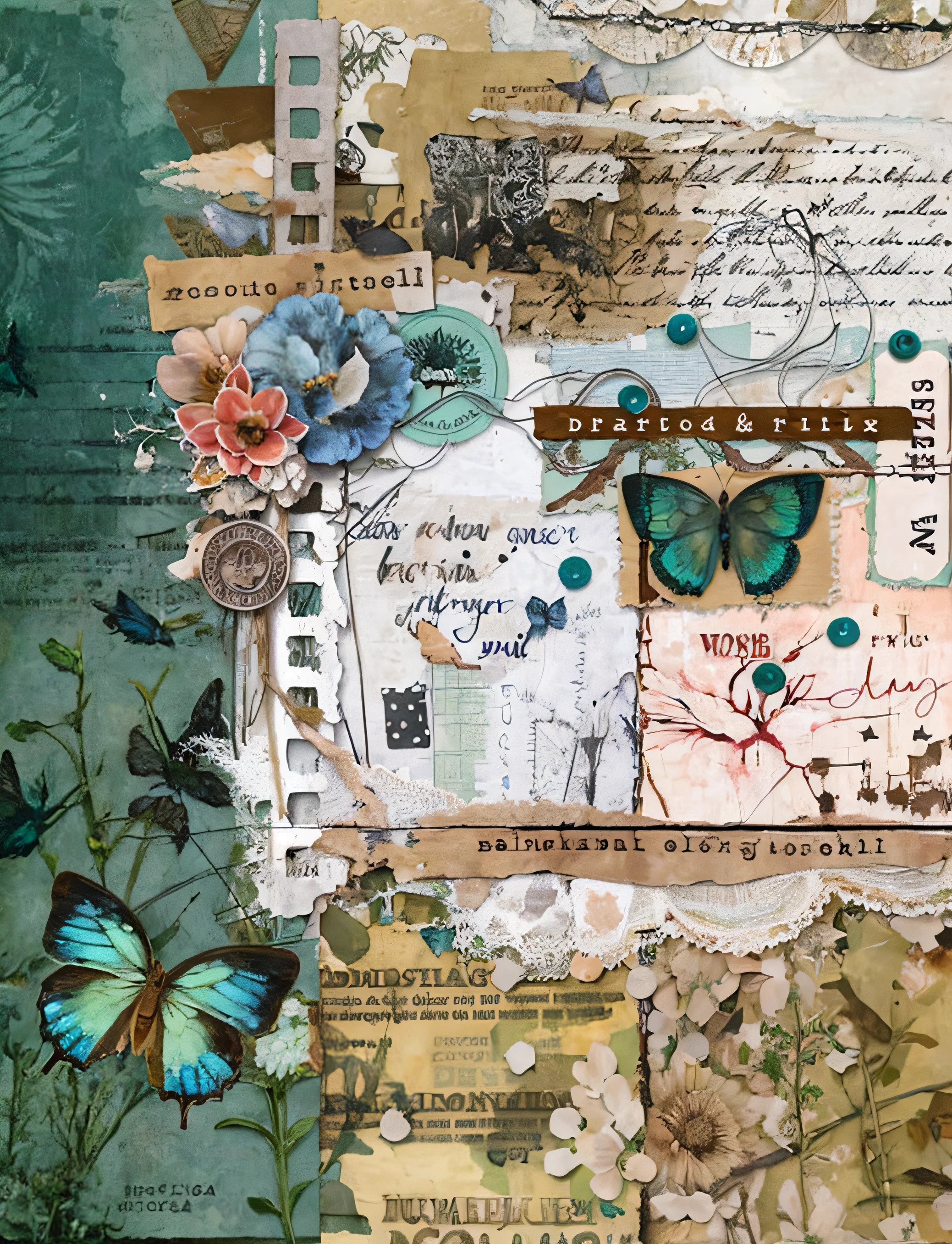 a closeup of a collage of various papers with butterflies, mixed media collage, Mixed media pictorial details, hd mixed media collage, Colagem de Papel, arte de colagem, insanamente detalhado, arte de colagem de papel, arte de colagem, sonhador e detalhado, uma colagem, inspirado em Cindy Wright, colagem, colagem digital, colagem de corte e colagem, inspirado em Maud Naftel
