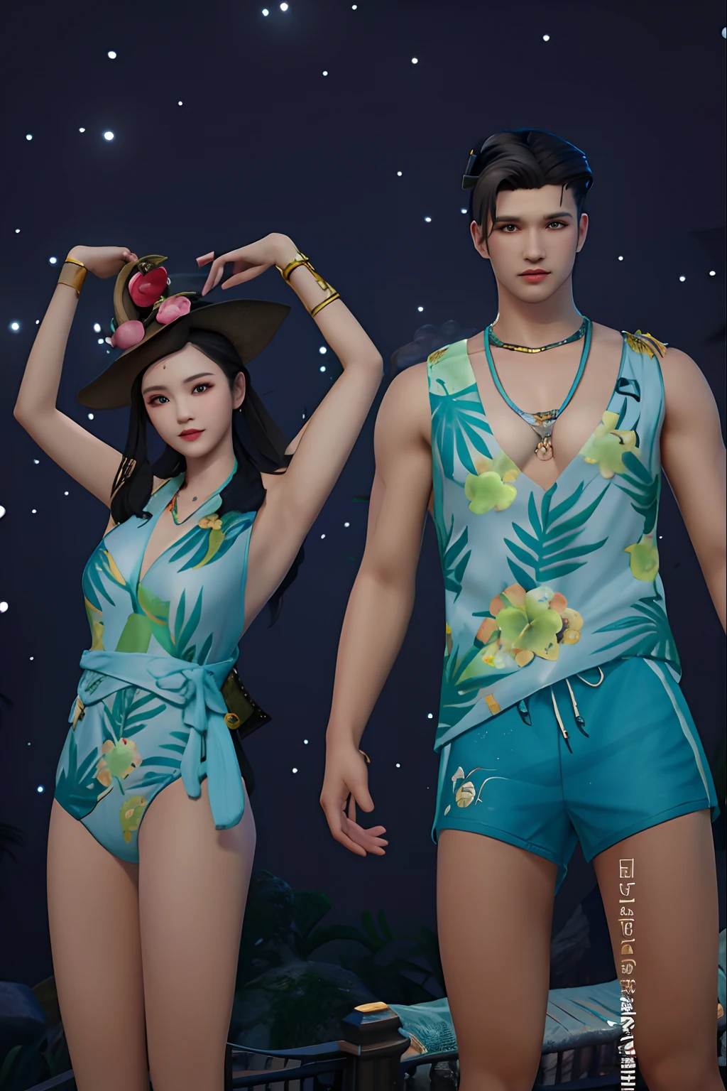 there are two people in swim suits standing next to each other, lunar themed attire, inspired by Sim Sa-jeong, tropical style, closed swimsuit, is wearing a swimsuit, realistic clothing, tane skin, in clothes! highly detailed, full body!! maximalist details, diverse outfits, sea of thieves style, open v chest clothes, clothes high detail, detailed clothes