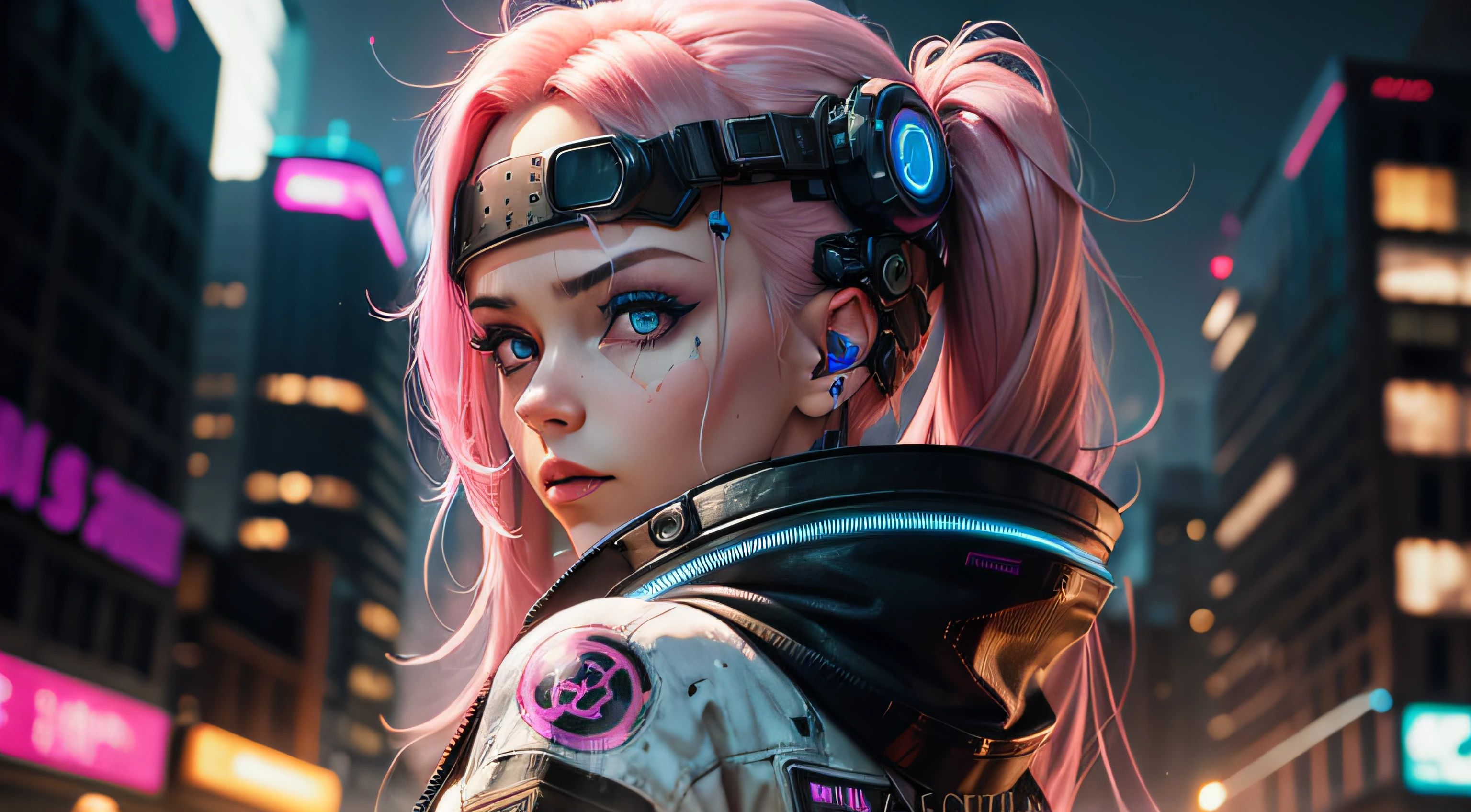 cyberpunk girl, close up, pink hair, blue eyes, head shot, wide angle, plain back ground,