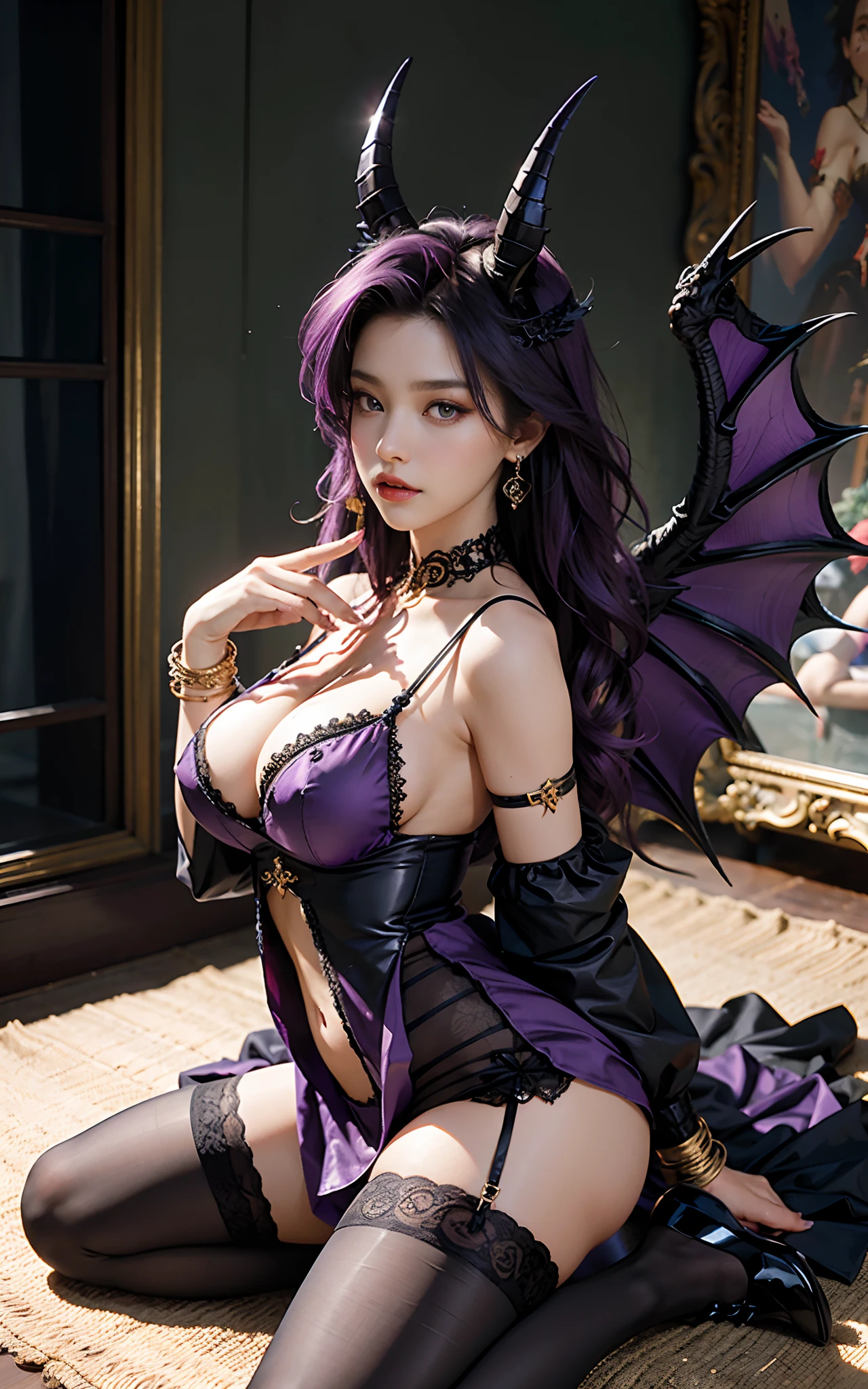 (Dark night,Bedrooms:1. Mature female purple-black hair,A pair of dragon horns,A pair of huge dragon wings,Flirtatious,Kneeling pose), tmasterpiece, best qualtiy, RAW photogr, realisticlying, Incredibly Ridiculous res,, ear studs, (Long flowing purple hair),eye shadows,Bracelet,head chain,(A wide variety of intricate jewelry),eardrop,foot ring,Black ta dress long dress,(Black suspender stockings+),high-heels,depth of fields, A high resolution, ultra - detailed, filigree, RAWE is very detailed, very detailed eyes and faces, Sharp pupils, realistic pupil, tack sharp focus, cinmatic lighting,full bodyesbian,Bigboobs,long leges,From the front side,banquet,dynamicposes,Normal posture,closeup of face