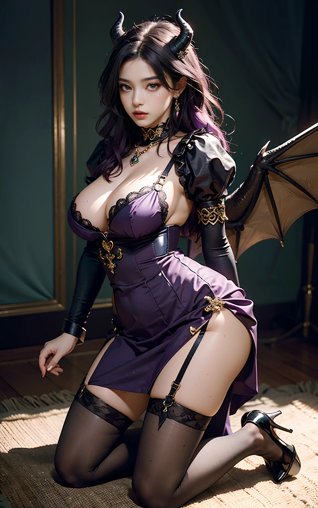 (Dark night,Bedrooms:1. Mature female purple-black hair,A pair of dragon horns,A pair of huge dragon wings,Flirtatious,Kneeling pose), tmasterpiece, best qualtiy, RAW photogr, realisticlying, Incredibly Ridiculous res,, ear studs, (Long flowing purple hair),eye shadows,Bracelet,head chain,(A wide variety of intricate jewelry),eardrop,foot ring,Black ta dress long dress,(Black suspender stockings+),high-heels,depth of fields, A high resolution, ultra - detailed, filigree, RAWE is very detailed, very detailed eyes and faces, Sharp pupils, realistic pupil, tack sharp focus, cinmatic lighting,full bodyesbian,Bigboobs,long leges,From the front side,banquet,dynamicposes,Normal posture,closeup of face