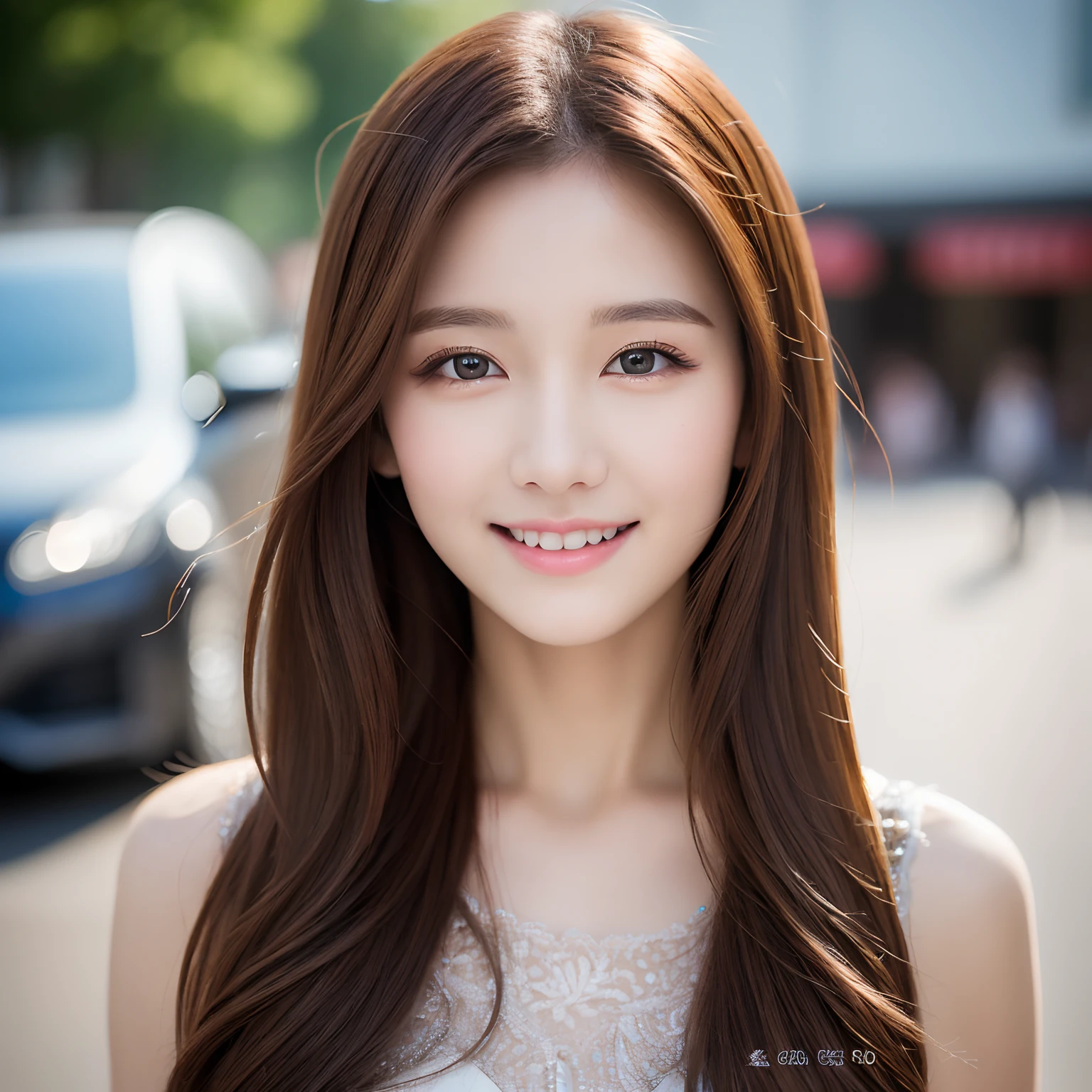 ((top quality, 8k, masterpiece: 1.3)), 1 girl, smile, full body, slim face, pretty woman, (brown hair), full-length dress: 1.1, ultra detailed face, detailed eyes, double eyelids, blurred background, slim face, city, outside, street,