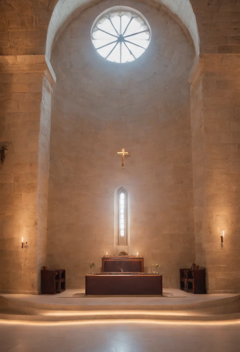 an christian temple very clean and modern architecture with some detail from the wall jerusalem. Some neon details very discretely. Indoor view