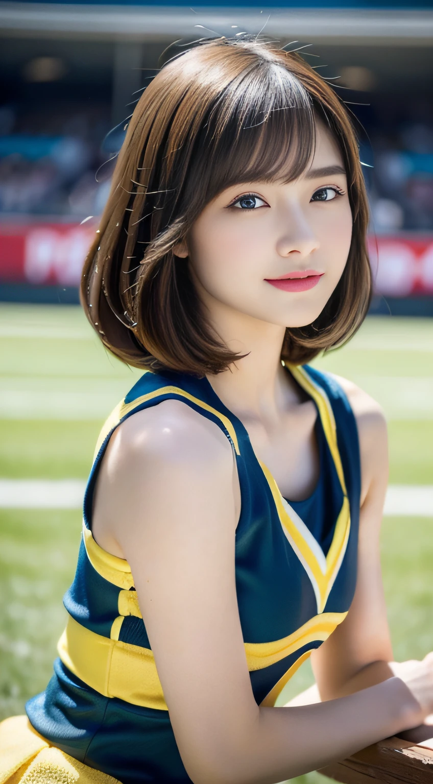Highly detailed CG Unity 8K wallpapers, Highest quality, Very detailed, masterpiece, Realistic, photo Realistic, Very detailed cute girl,Pixie Cut、 Age 25, (logic), 腹logic, Round eyes, Audience, blush, smile, Lips parted, (Large crowd)、Athletics Stadium,Wave to the audience、Photograph the whole body,Big Breasts