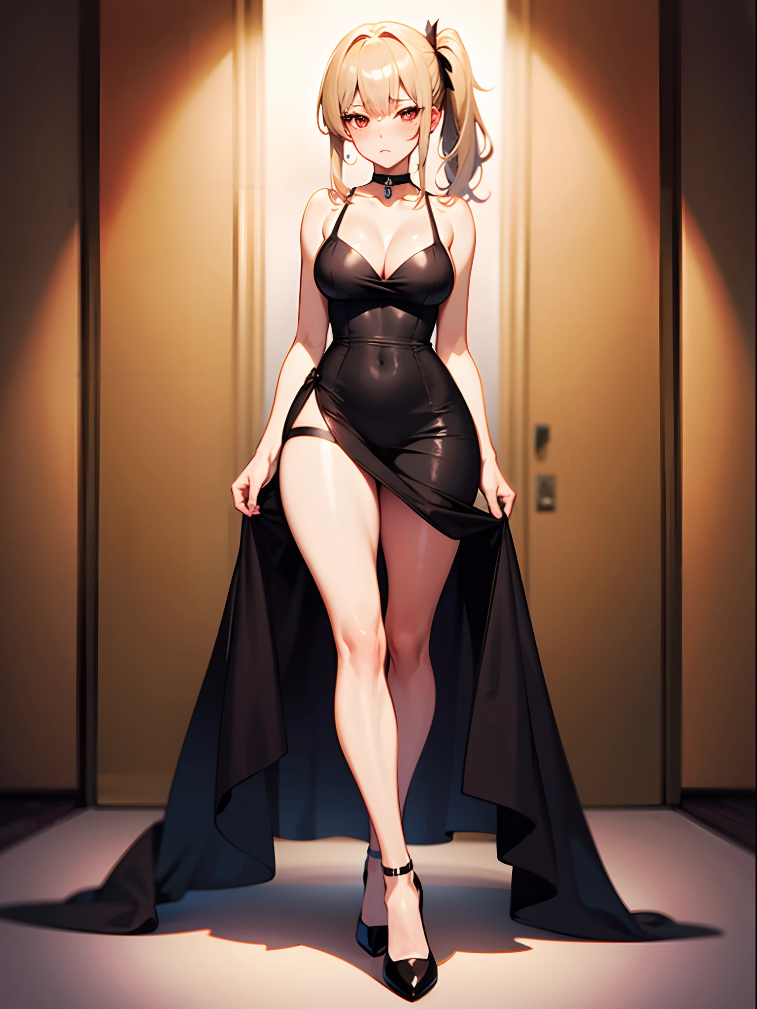 Beautiful anime girl [blonde one side ponytail, freckles, beautiful red eyes, freckles, choker, shy expression , innocent expression, blushing, collarbone, large breasts, small waist, wide hips, juicy thighs], solo, wearing short dress [ very short dress, mini dress ,elegant dress, black dress, sexy dress, revealing dress, cleavage] , wearing black elegant high heels, in the hall of a high class hotel, facing the camera, posing standing, sexy posing, 8k, best quality, highres, masterpiece, full body picture