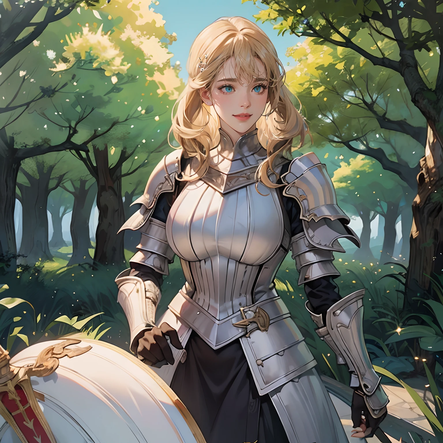 Women in Their 20s、fantasy worlds、offcial art, unity 8k wall paper, ultra-detailliert, beautifly、Aesthetic, masterpiece, top-quality, Photorealsitic、detailed costume、depth of fields, Fantastic atmosphere, Calm palette, tranquil mood, Soft shading、Round face、plump figure、very large breast、Happy smile、Staring at this、Paladin、Woman knight、Dull silver armor、Armor that covers the whole body、No exposure、Blue-green eyes、platinum-blonde、Has a very large sword and shield:1.0、Big sword:2.0、in woods、short-cut、Upstyle Hair、White fabric、Two Traveling Women