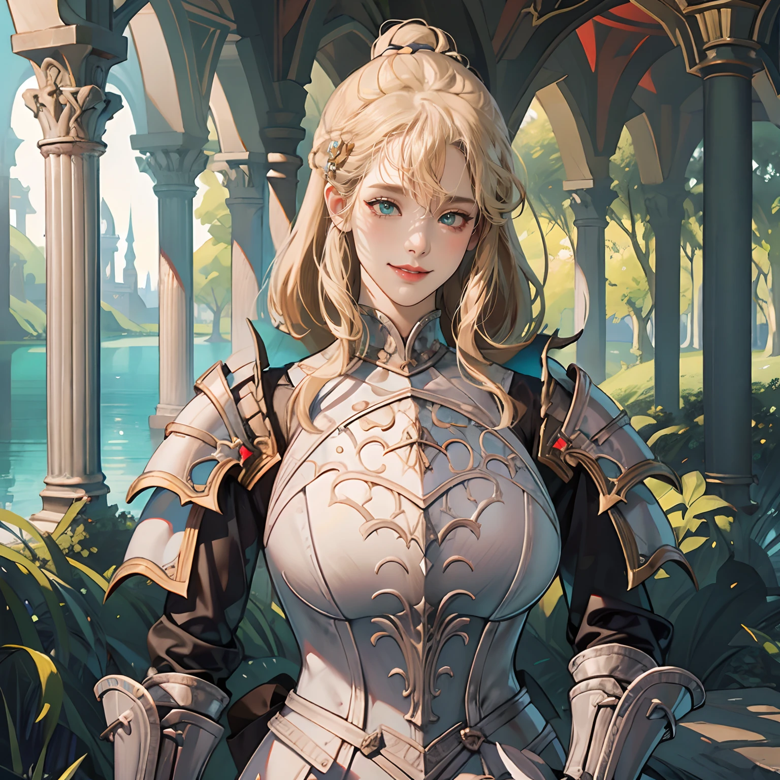 Women in Their 20s、fantasy worlds、offcial art, unity 8k wall paper, ultra-detailliert, beautifly、Aesthetic, ​masterpiece, top-quality, Photorealsitic、detailed costume、depth of fields, Fantastic atmosphere, Calm palette, tranquil mood, Soft shading、Round face、plump figure、very large breast、Happy smile、Staring at this、Paladin、Woman knight、Dull silver armor、Armor that covers the whole body、No exposure、Blue-green eyes、platinum-blonde、Has a very large sword and shield:1.0、Big sword:2.0、in woods、short-cut、Upstyle Hair、Lake in the white fabric forest、