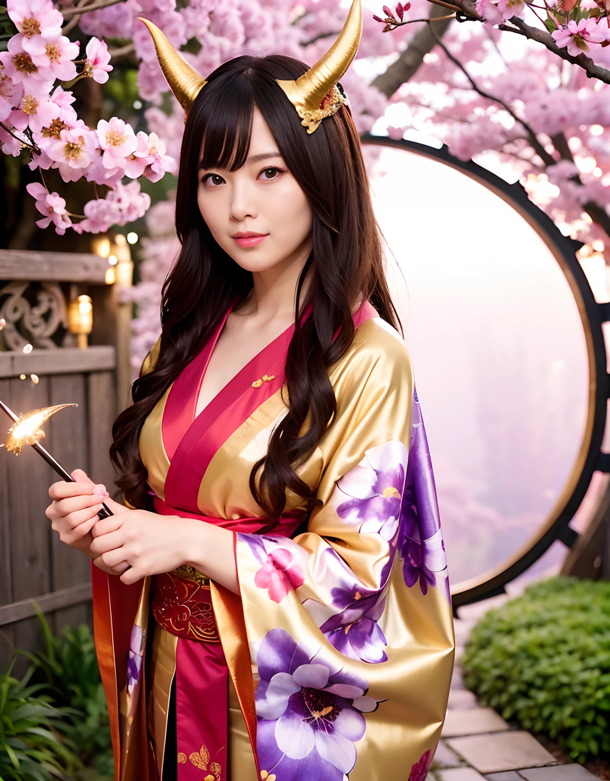 ((World of Darkness)),Professional , ​masterpiece、top-quality、photos realistic , depth of fields 、（sexypose）、(Background of cherry blossoms in full bloom),（Ultimate Beauty）、A dark-haired、（shrine background)、（Kimono with beautiful pattern）、（Night background）、（（Precipitous cliffs））,(Wear a beautiful kimono),（Wear a beautiful kimono with colorful floral patterns）、Jewel Gold Weapon、Particles of light),(Wearing a wizard's hat）、Gorgeous gold weapons ,Castle background、（（ Gorgeous Dragon Sword）） , （a dark night）,,（maikurobikini） 、（（Black Haired Beautiful Girl））、（Castle background）、（demonic wings）、（（Gangle's forest background））、Beautiful Caucasian beauty、１a person、dynamic ungle,(((Two devil's horns on the head)))、Smaller head、Idle Smile、Thin and beautiful female hands、Mystical expression、Light Effects、intense fighting、Wind-effect、magic circles、With the legendary magic wand、Dragon's tail、