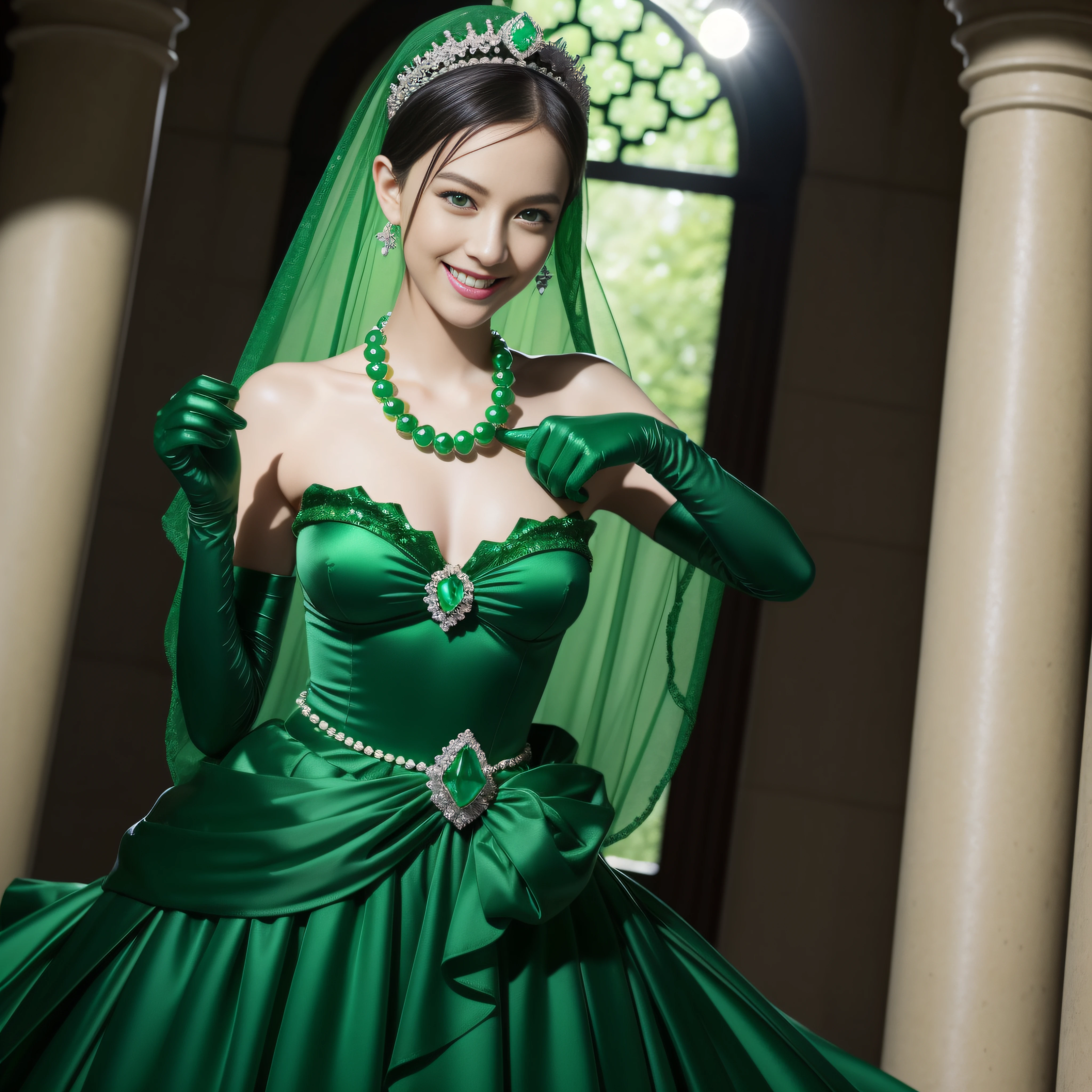 emerald tiara, Green Pearl Necklace, Boyish very short green hair, lipsticks, Japan woman smiling, very short short hair, big breasts beautiful, Green eyes, Long green gloves made of satin material, Green eyes, Emerald Earrings