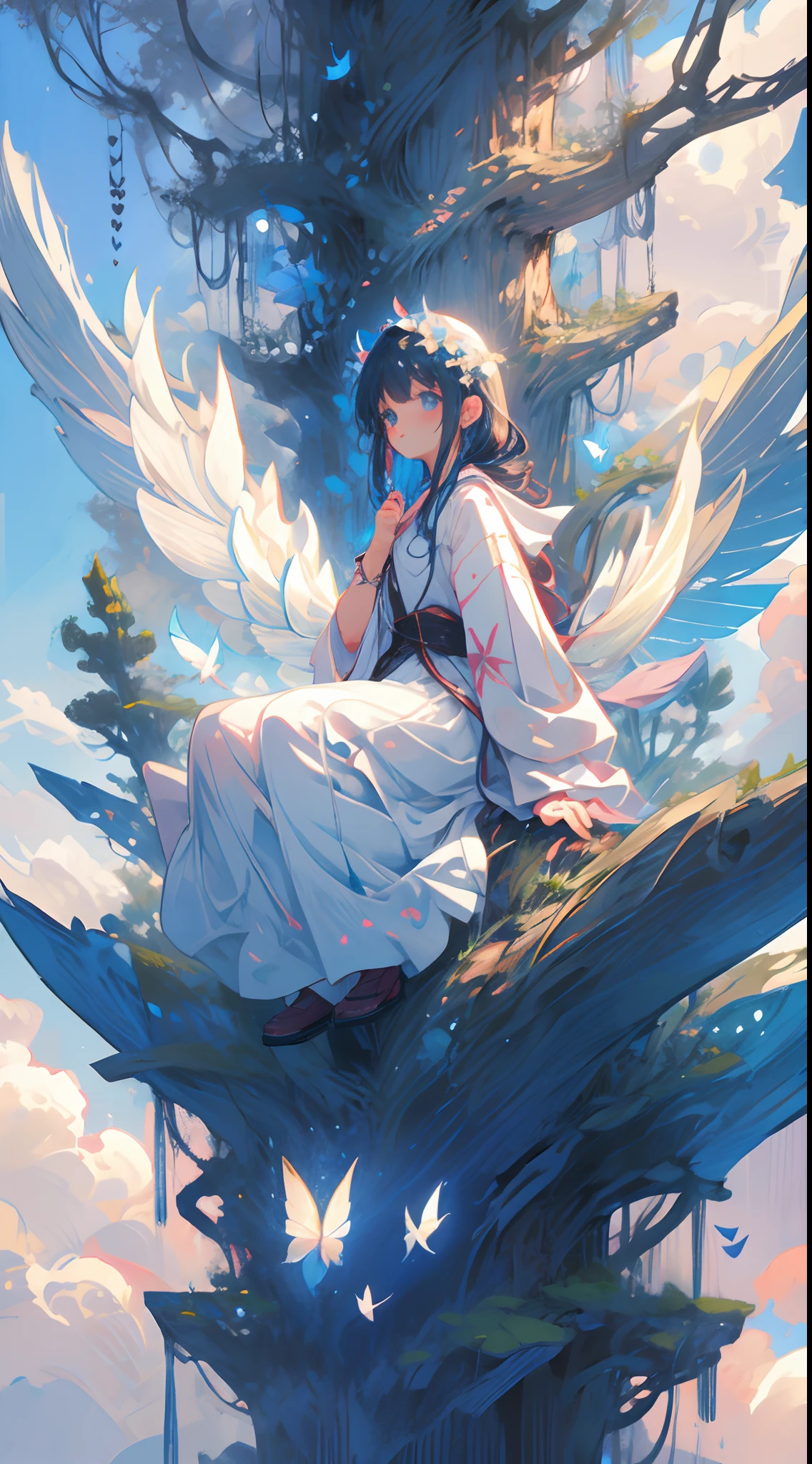 a cute fairy with wings, gorgeous, fantasy, magic,tree, detailed, white robes,sensual girl