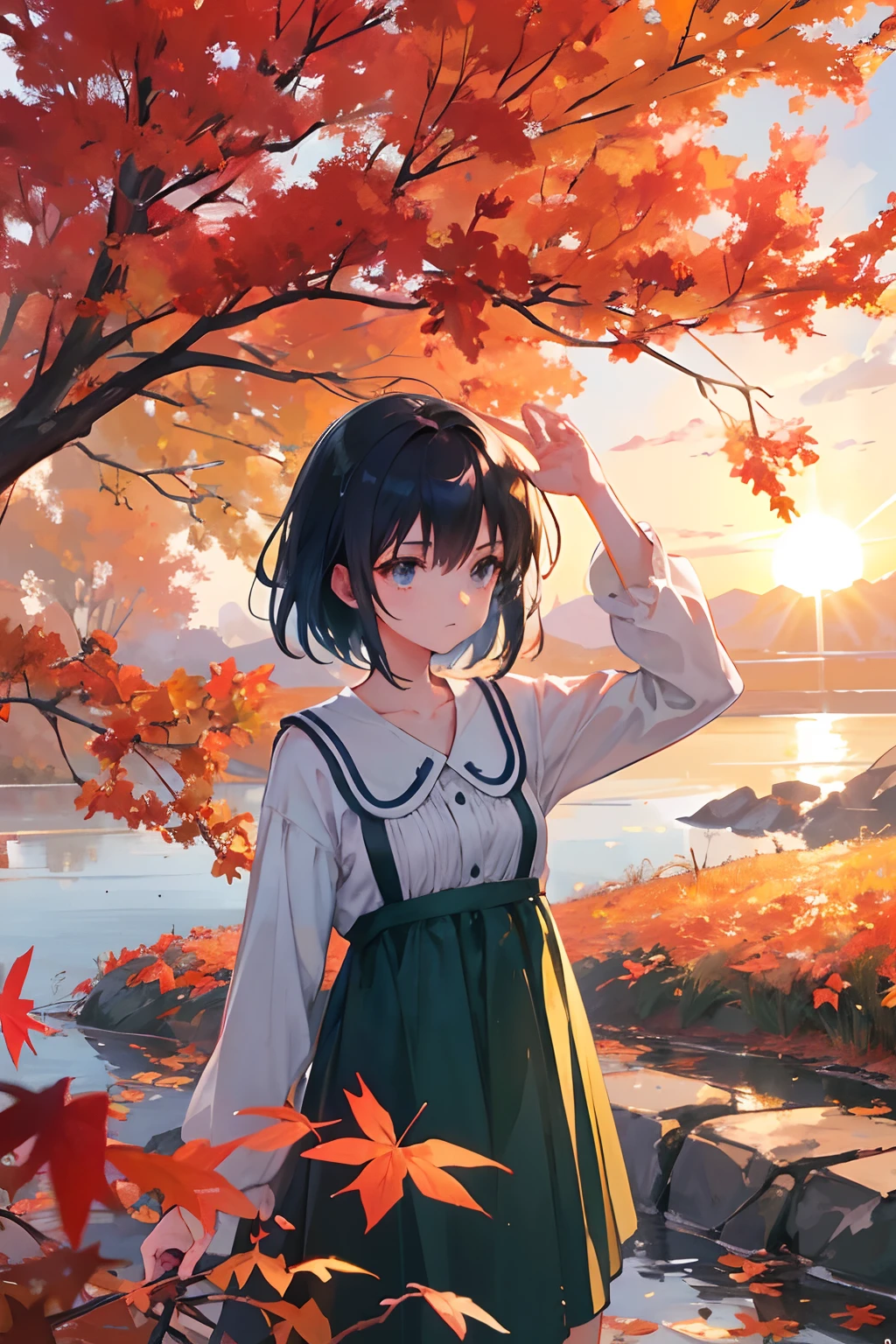 Create exquisite illustrations reminiscent of Makoto Shinkai's style, It has ultra-fine details and top-notch quality. Create an illustration of a young girl standing on a small hill during sunset, with vibrant autumn leaves falling like a shower of blossoms. The girl should be leaning against a tree, gazing at the sinking sun and the cascading leaves. The scene should be a tranquil and nostalgic depiction of nature's beauty during this magical moment.