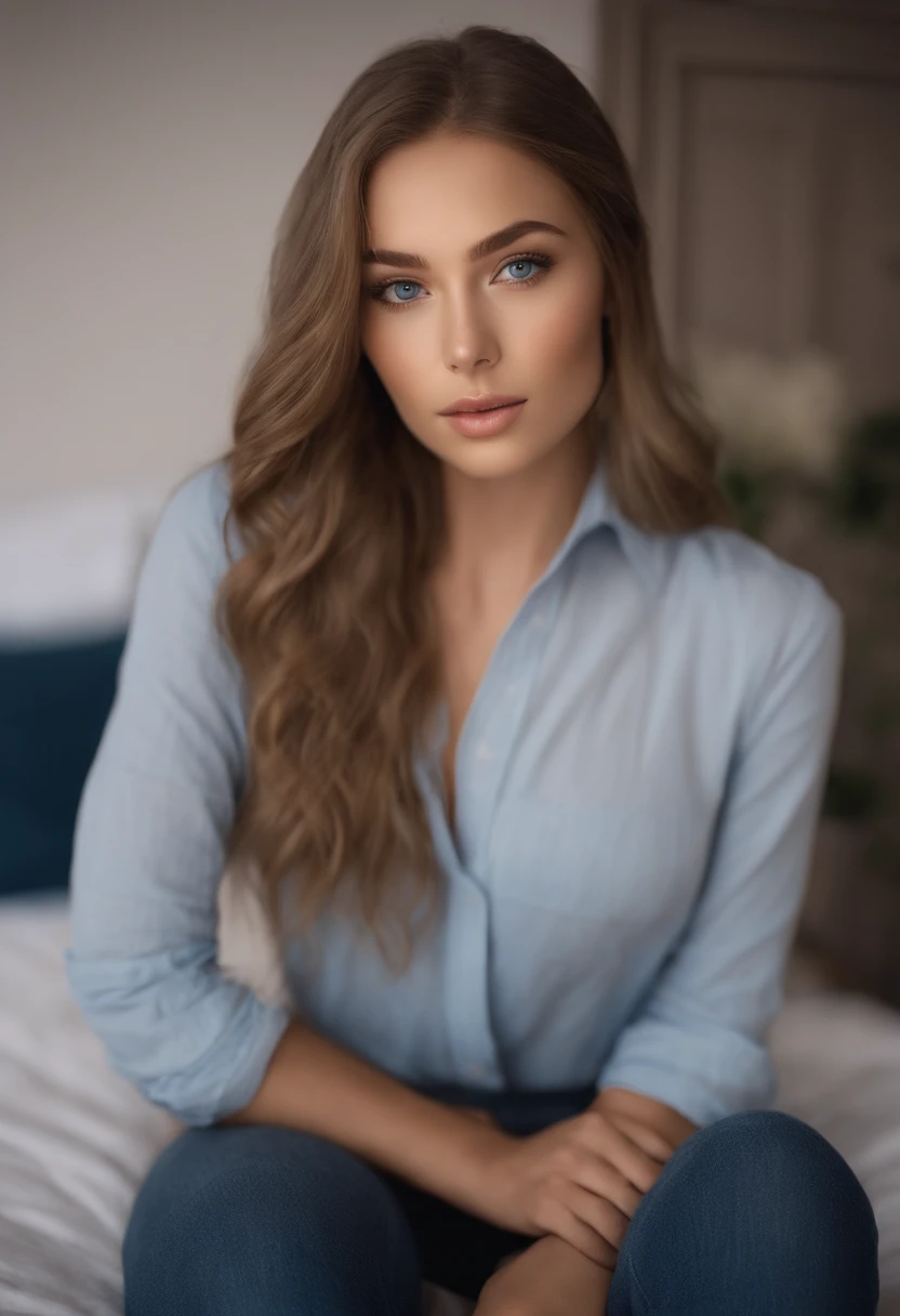 arafed woman fully , sexy girl with blue eyes, ultra realistic, meticulously detailed, portrait sophie mudd, blonde hair and large eyes, selfie of a young woman, bedroom eyes, violet myers, without makeup, natural makeup, looking directly at the camera, face with artgram, subtle makeup, stunning full body shot kneeling on bed, in bedroom, medium to large size bust