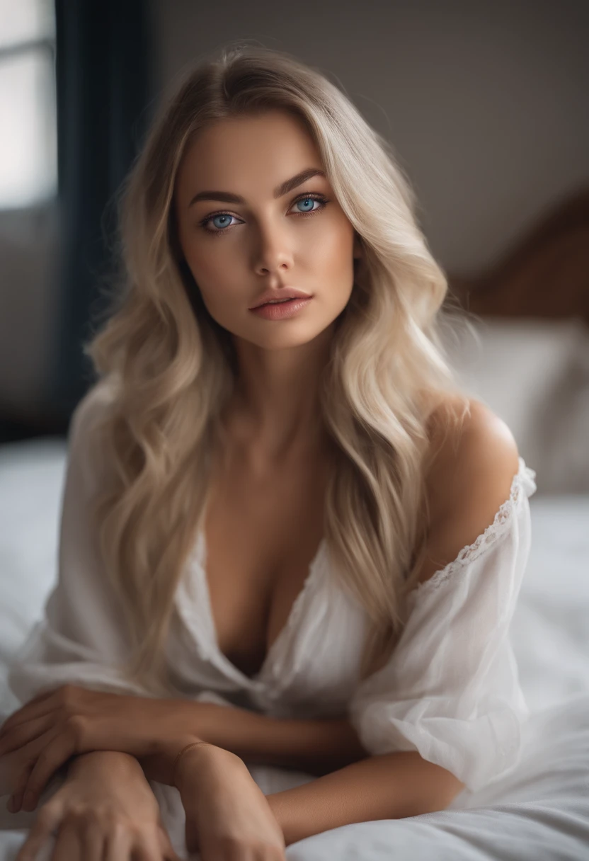 arafed woman fully , sexy girl with blue eyes, ultra realistic, meticulously detailed, portrait sophie mudd, blonde hair and large eyes, selfie of a young woman, bedroom eyes, violet myers, without makeup, natural makeup, looking directly at the camera, face with artgram, subtle makeup, stunning full body shot kneeling on bed, in bedroom, medium to large size bust