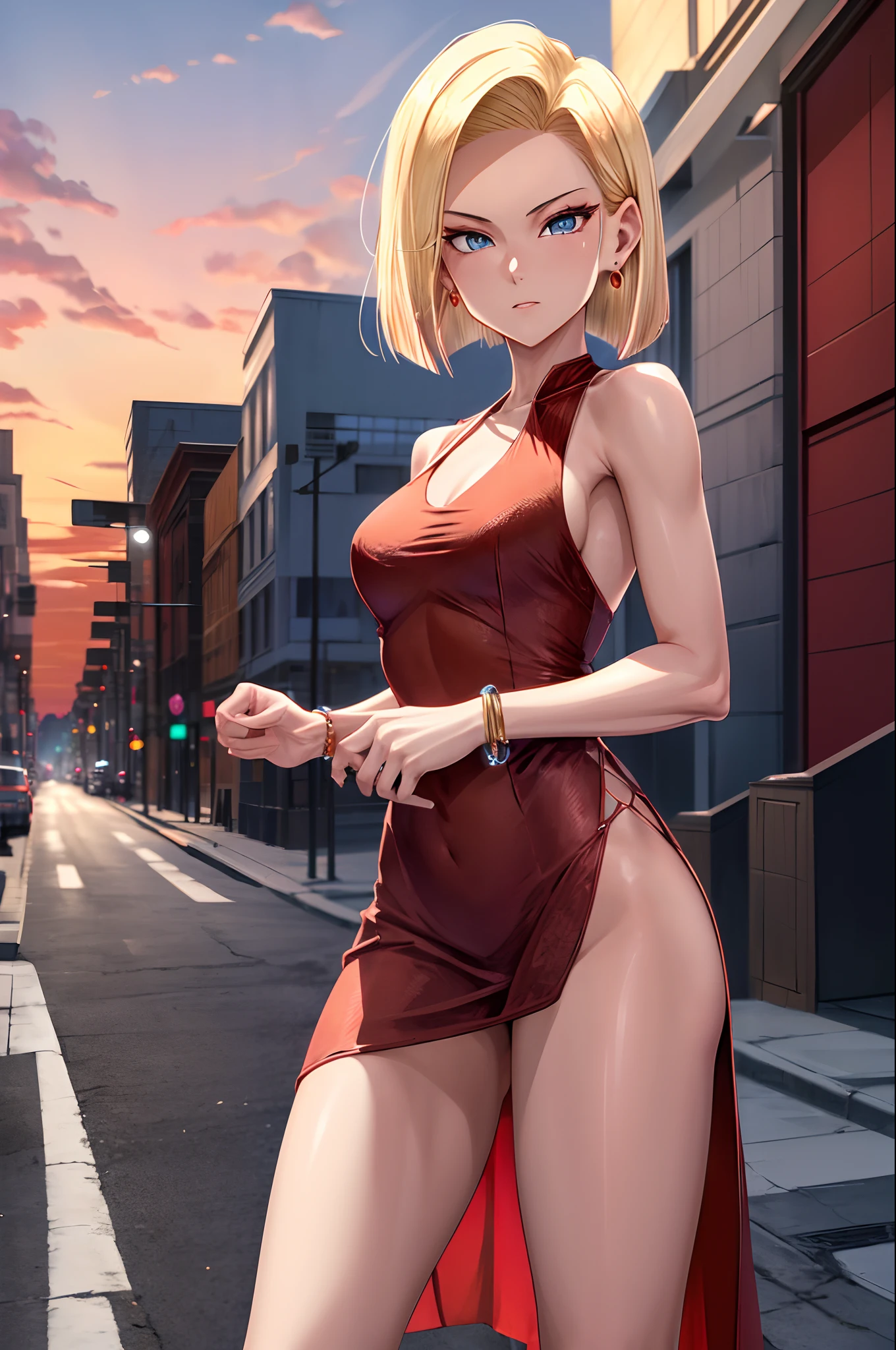 best quality, highres, and18, 1girl, android 18, solo, blonde hair, blue eyes, short hair, earrings, jewelry, medium breasts, cowboy shot, street, (She wears a red evening dress with a slit showing her leg., sunset,