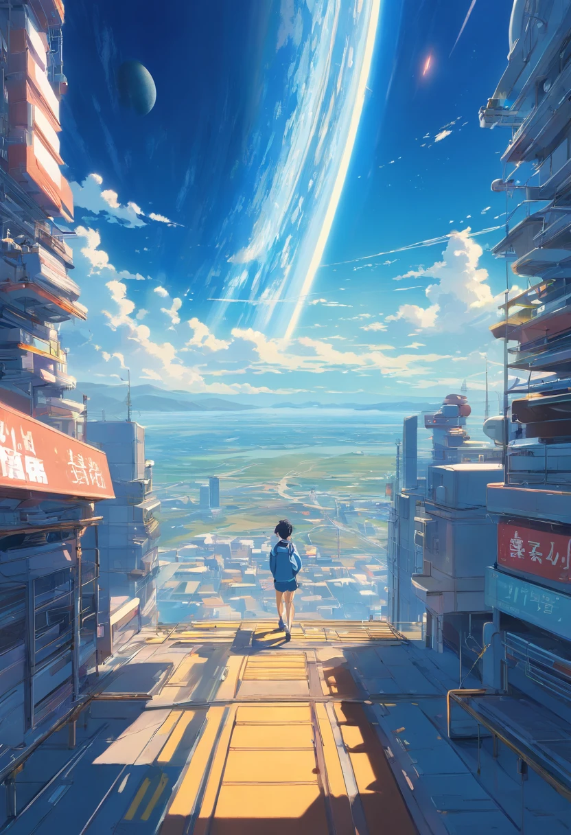 Blue Earth seen from the surface of the saturn, running man view from back, Masterpiece、realisitic, scenery
