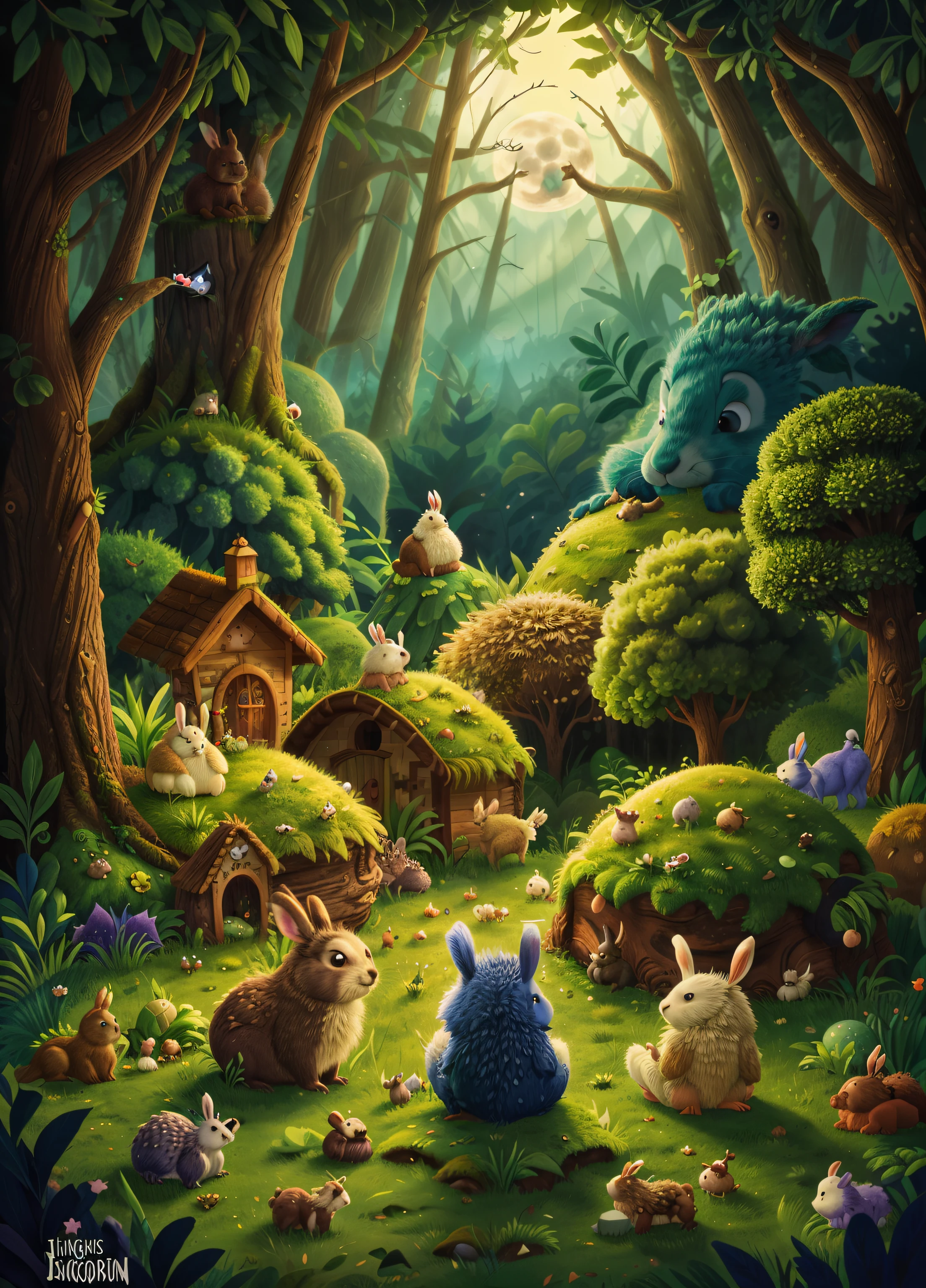 enchanted forest, the full moon rises from behind the hills, the bunnies and hedgehogs sit and watch the moon