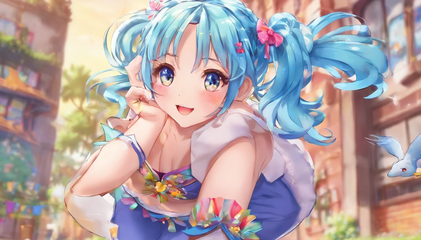woman, 29 yo, sexual expression invite,sexual face,pantyhose Detailed((tights with detailed textures)),feet to the viewer,feet in front of the spectator,blue hair,long twintail hair,blue eyes,