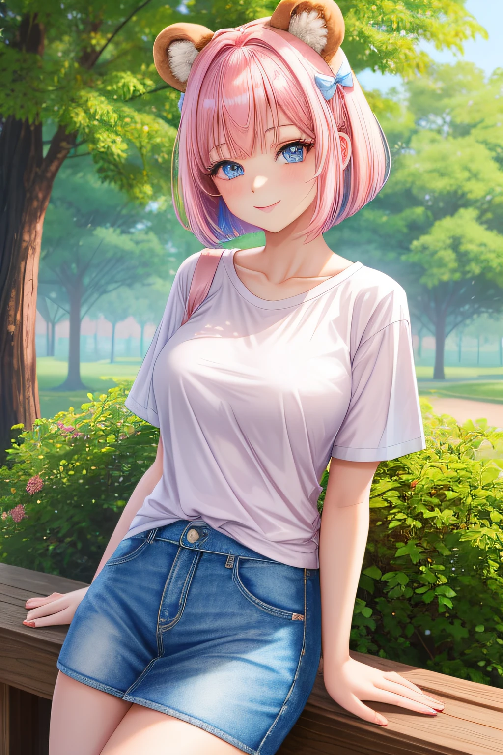 ​master piece, Best Quality, High resolution, Ultra-detailed, 1girl in, Late teens, Pink hair and pale blue eyes, (Simple white t-shirt), Denim miniskirt, Fluffy animal ears, Bangs, Short hair, Bow, Hair Bow, pink bows, ssmile, Brown bear ears, bob cuts, Stranger, tits out, a park,