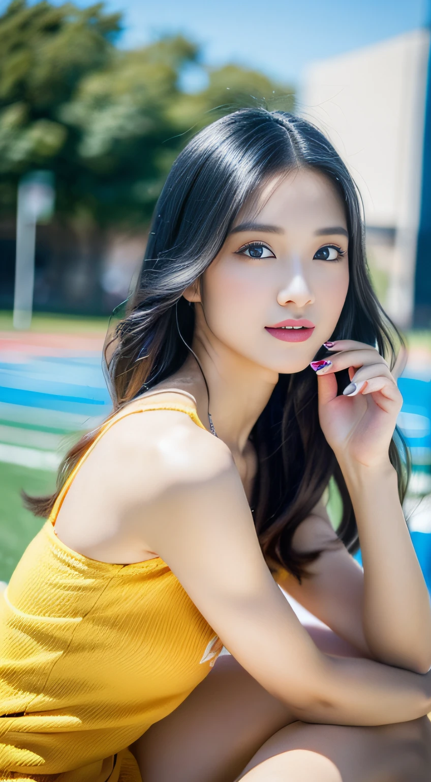 (((32K,very high res, high detailing, highly accurate,Masterpiece Girl 1))),Raw photo & realistic atmosphere,beautiful dark blue eyes,Detailed mouth,Glossy lips,Detailed eyebrows,Soft white skin that shines with every detail,,Eyes drawn in detail、Very beautiful eyes with azure eyes,Detailed lips、Very beautiful face,Very well-formed face、Lifelike face,shiny beautiful lips,Beautiful eyebrows,Infinite reality,Best design,(Insanely cute Japan 16-year-old girl,Healthy style,Beautiful breasts with big breasts,Very cute beautiful girl,Little Girl:1.5),Best Natural Makeup,Japanese ido,Korean Idols,(Japan Cheer Girl,Korean Cheergirls,Cheergirls of the world:1.8),Moist eyes,Dark beautiful eyes,Beautiful butt,beauty legs,,camel's foot,,Skinny Fingers,Detailed beautiful legs:1.3),超A high resolution、,Natural and realistic face,Back lighting,Pure eyes are too cute,(((photorealisim))),Reality Live Action,(Simple piercing,Glossy nail art:1.6),(Colorful cheergirl costume in yellow, blue and white tones、High-detail design,Healthy Cheer Girl,16-year-old loli girl,独奏,natural make up:1.7),(Cute Cheergirl,Show full-body costume,I'm dancing and cheering for you,American football match venues,Photograph the whole body,beautiful thigh,Show me your thighs,Put on a yellow pleated miniskirt and raise your legs,Kick up,Light blue hair,Sporty shortcuts:1.8)