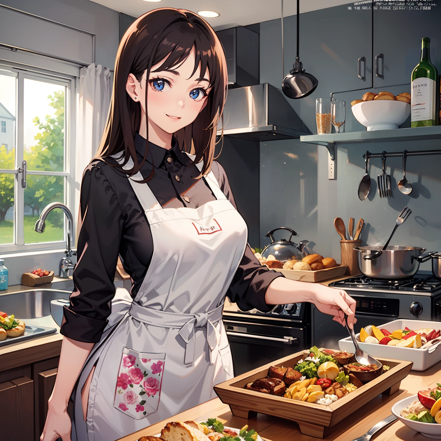 The cute lady shrimp cooks a delicious dish in the kitchen