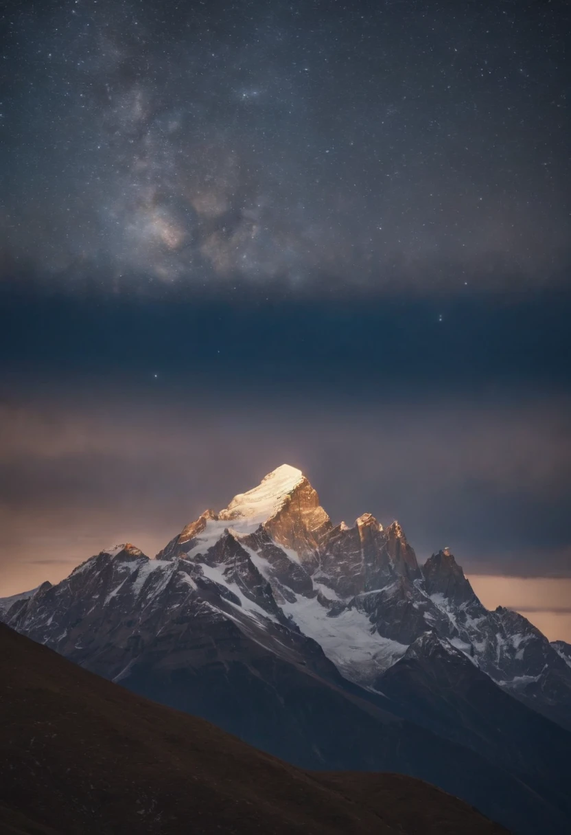 The milkyway shining over the tallest mountain peak as the last bit of sunlight dims over the furthest mountain regions