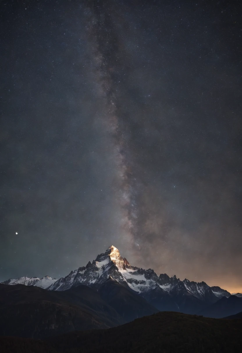 The milkyway shining over the tallest mountain peak as the last bit of sunlight dims over the furthest mountain regions