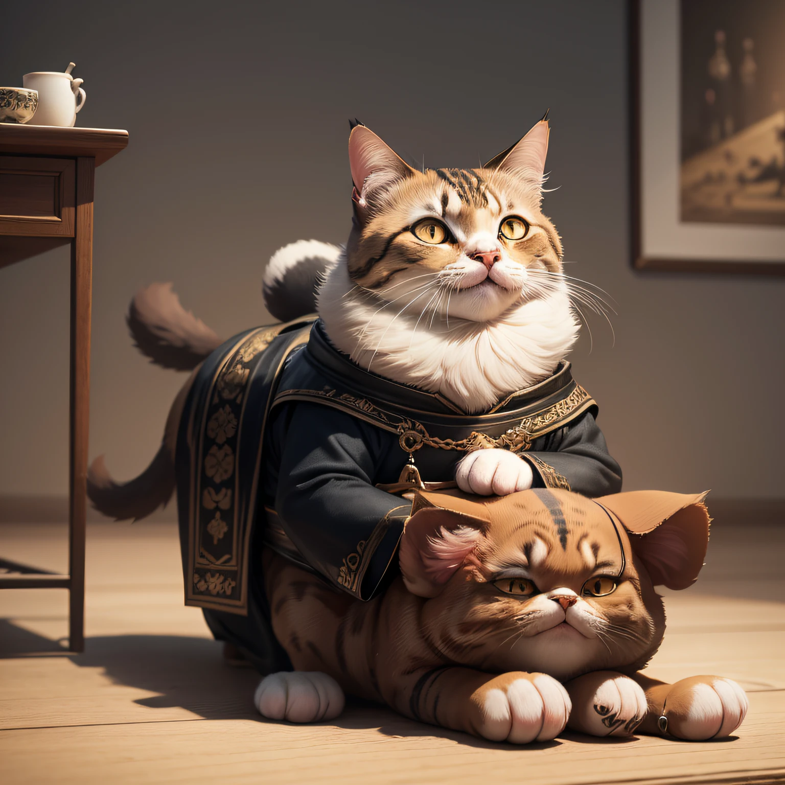Funny, humorous cartoon,An imperial cat is dominating,(the dog):1,1, 4k, hdr