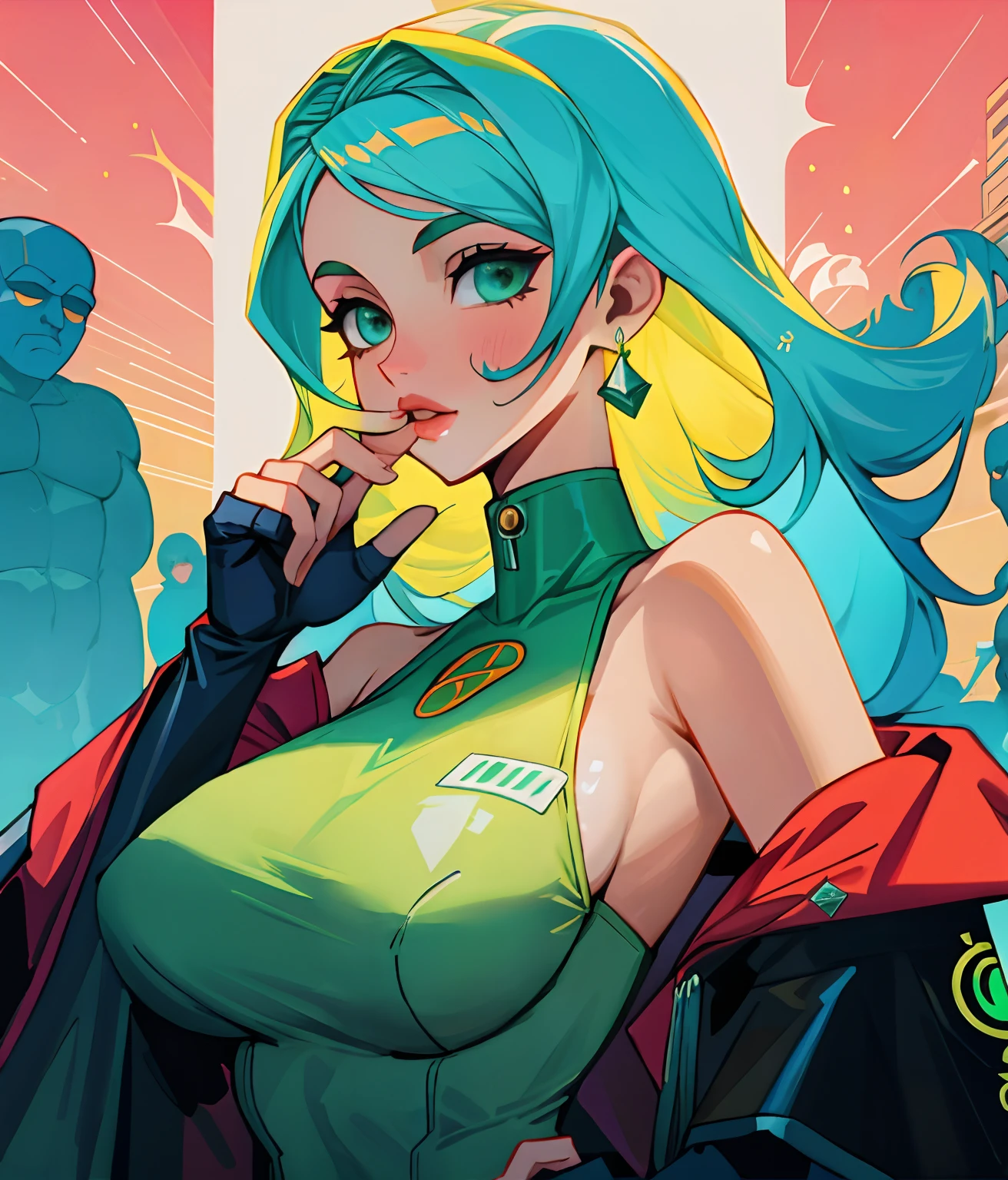 ((melhor qualidade)), ultra-detalhada,Woman with complex clothes head deep neckline, bareshoulders, recorte acima do umbigo, sem mangas, ombros despido, modelo bonito da mulher, sexy, seios grandes, gostosa, dingy gym, Cyberpunk, dingy gym, rosto bonito eyes beautiful lips, NSFW viva