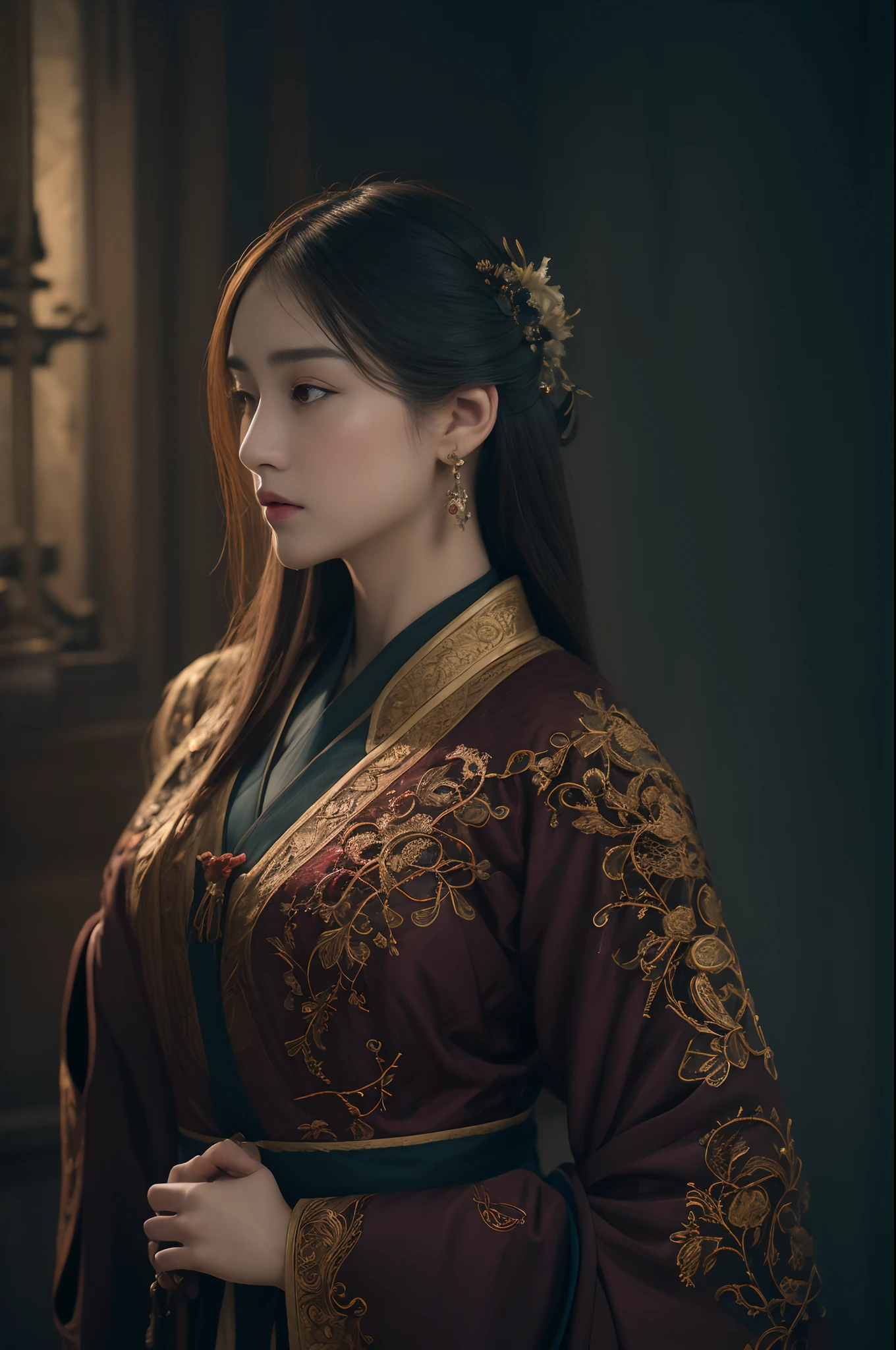 Official Art, Unity 8k wallpaper, super detailed, beautiful, beautiful, masterpiece, best quality,
dark, atmospheric, mystical, romantic, creepy, literature, art, fashion, ming and qing dynasties, decoration, intricate, ironwork, embroidery, contemplation, emotional depth, supernatural, hanfu
1 girl, solo, neck, bust composition