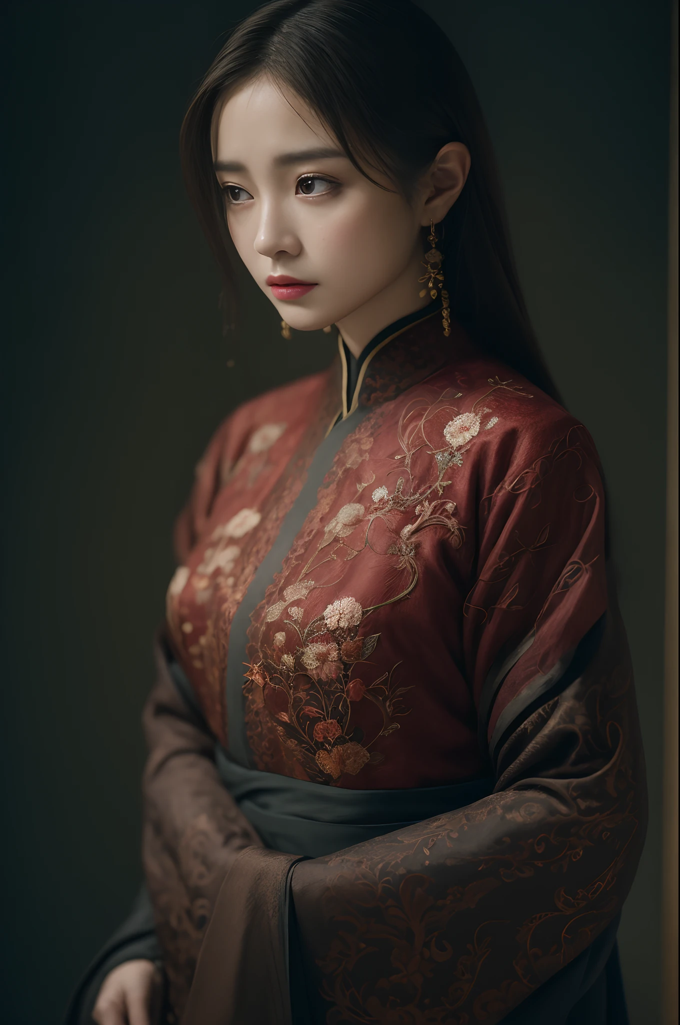 Official Art, Unity 8k wallpaper, super detailed, beautiful, beautiful, masterpiece, best quality,
dark, atmospheric, mystical, romantic, creepy, literature, art, fashion, ming and qing dynasties, decoration, intricate, ironwork, embroidery, contemplation, emotional depth, supernatural, hanfu
1 girl, solo, neck, bust composition