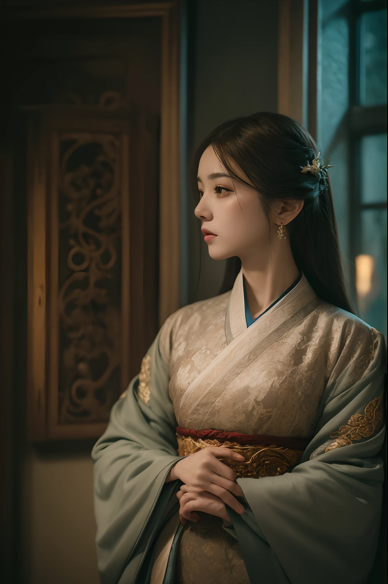 Official Art, Unity 8k wallpaper, super detailed, beautiful, beautiful, masterpiece, best quality,
dark, atmospheric, mystical, romantic, creepy, literature, art, fashion, ming and qing dynasties, decoration, intricate, ironwork, embroidery, contemplation, emotional depth, supernatural, hanfu
1 girl, solo, neck, bust composition