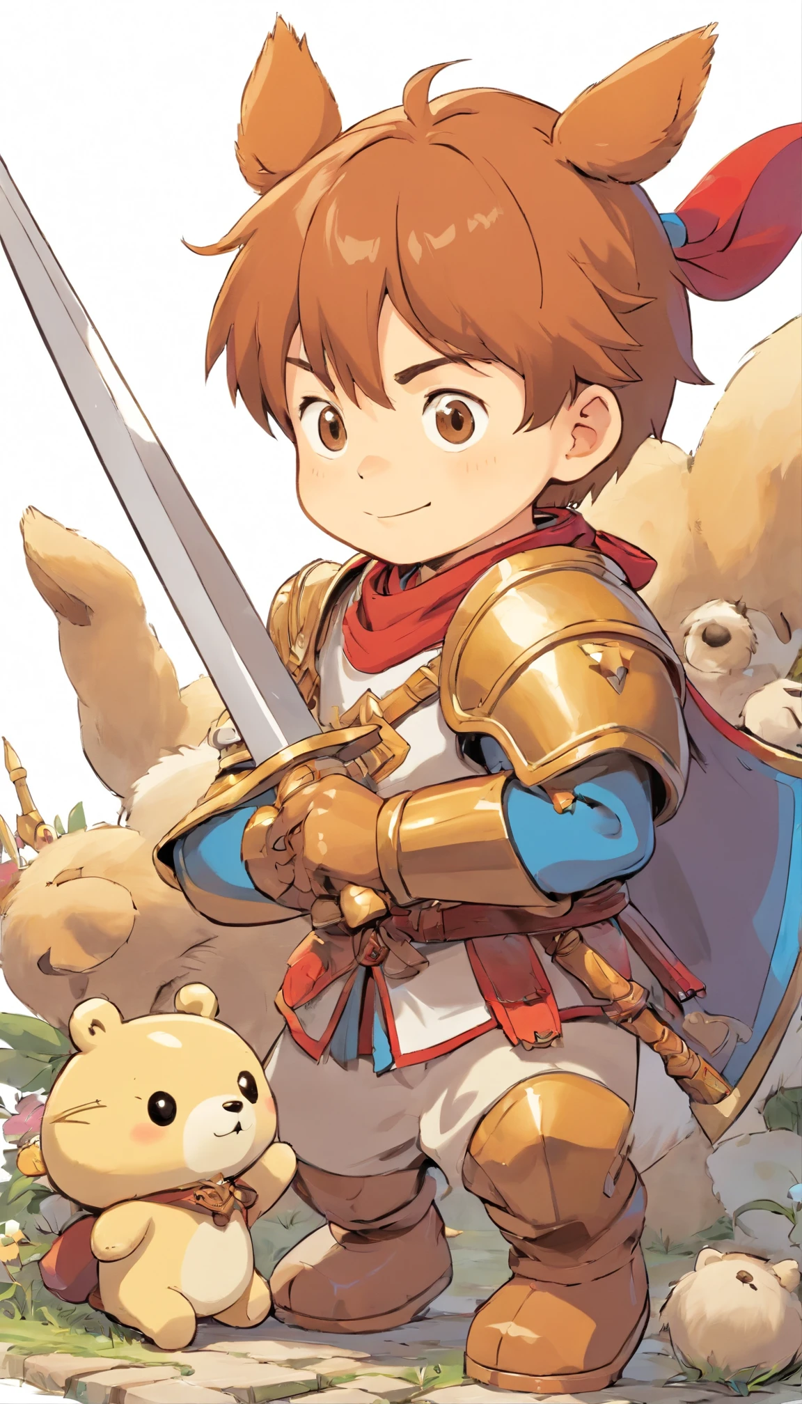 Kid Knight wit wooden sword and Shields playing with his Teddy Bear, no color, Lineart, vector ART, white background